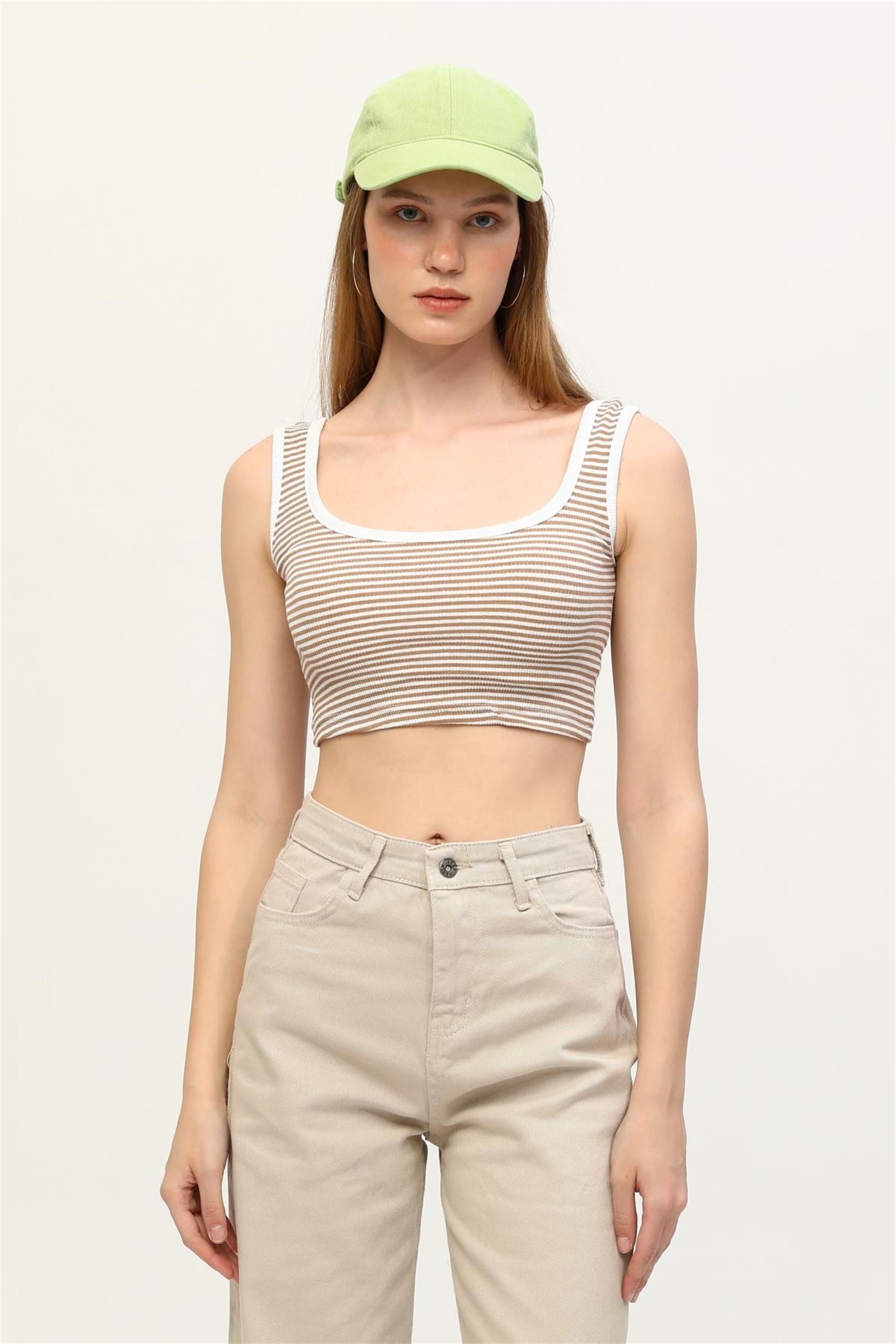 Kadın Çizgili Kaşkorse Aslıkı Crop Top Büstiyer