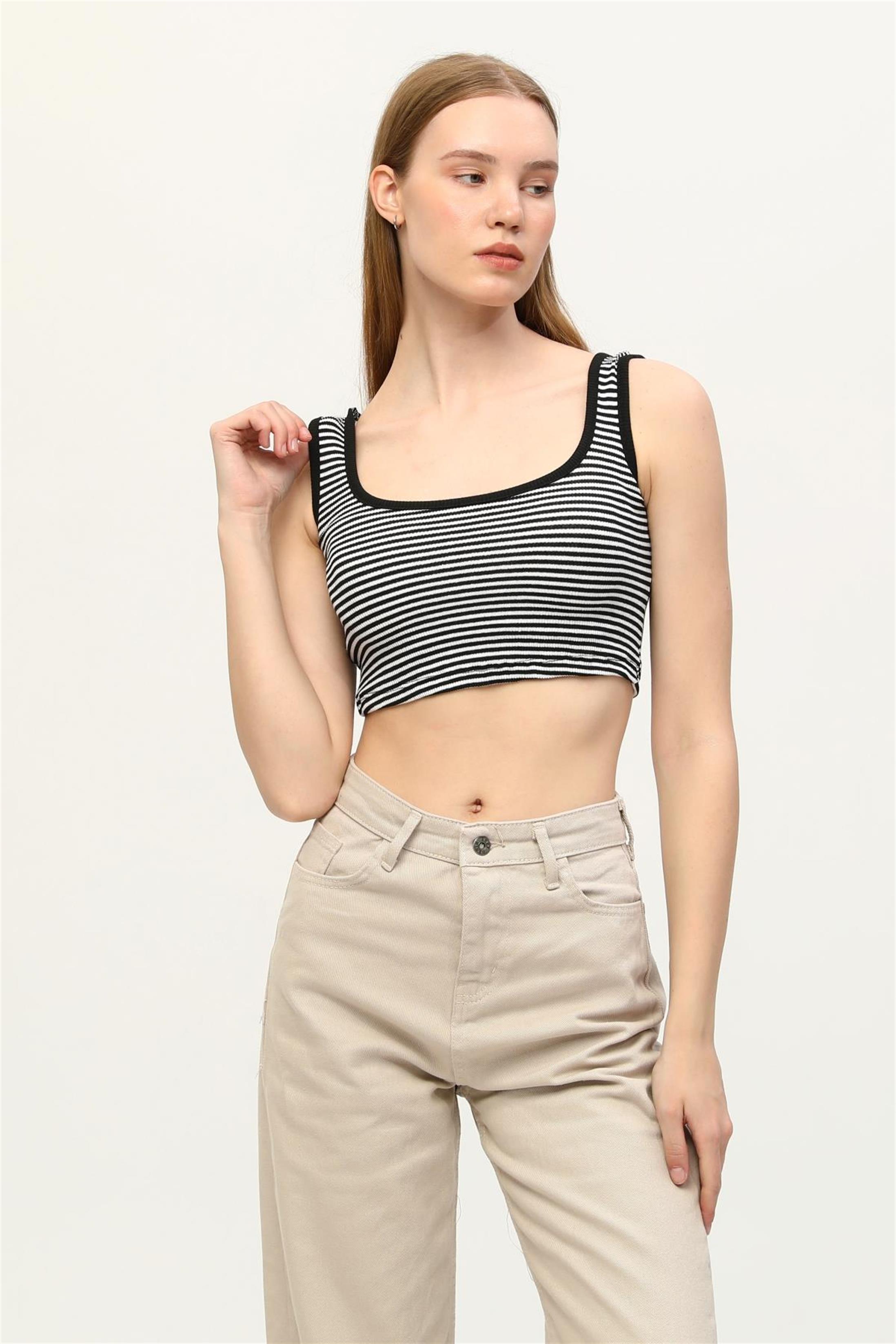 Kadın Çizgili Kaşkorse Aslıkı Crop Top Büstiyer