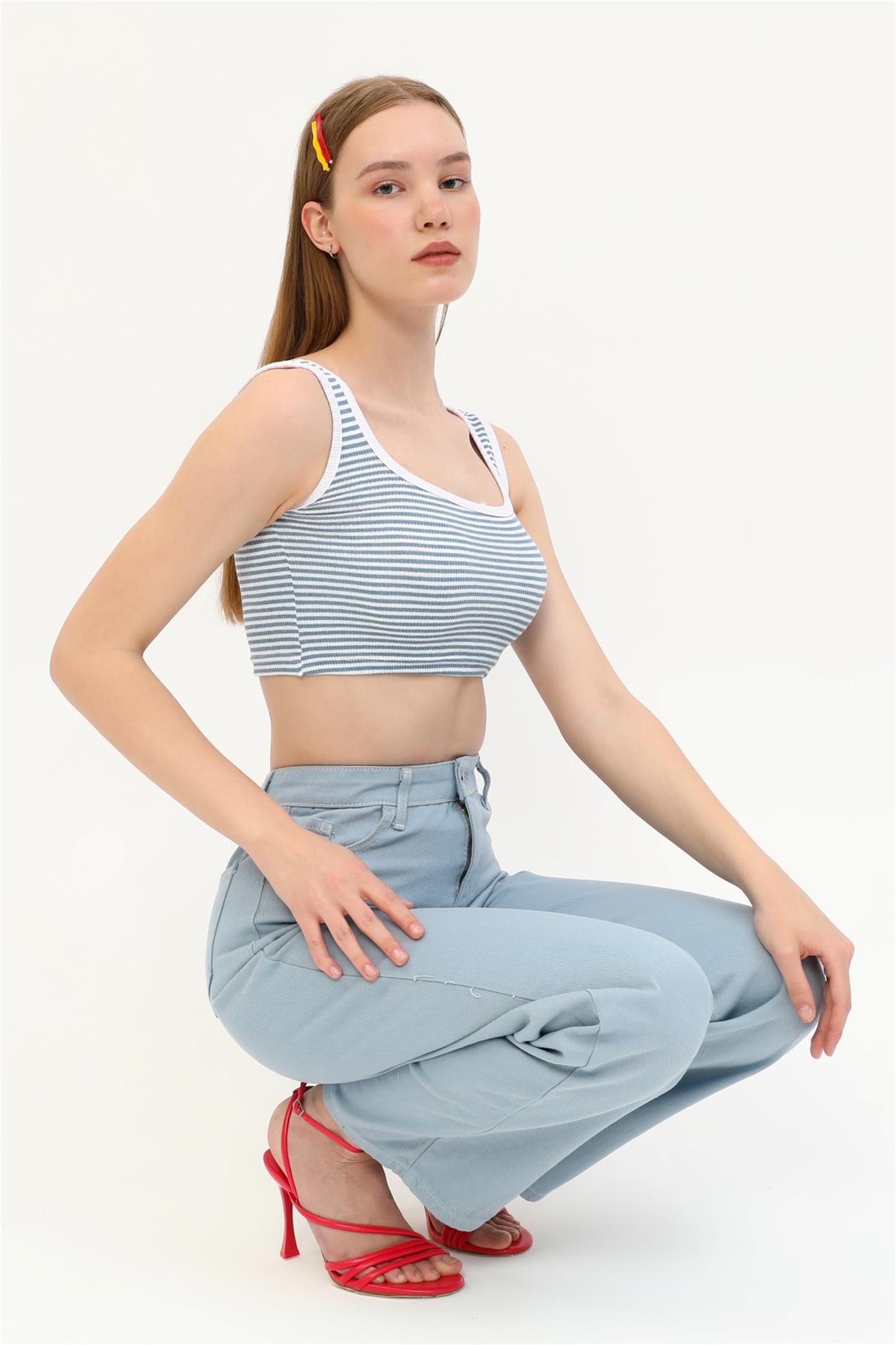 Kadın Çizgili Kaşkorse Aslıkı Crop Top Büstiyer