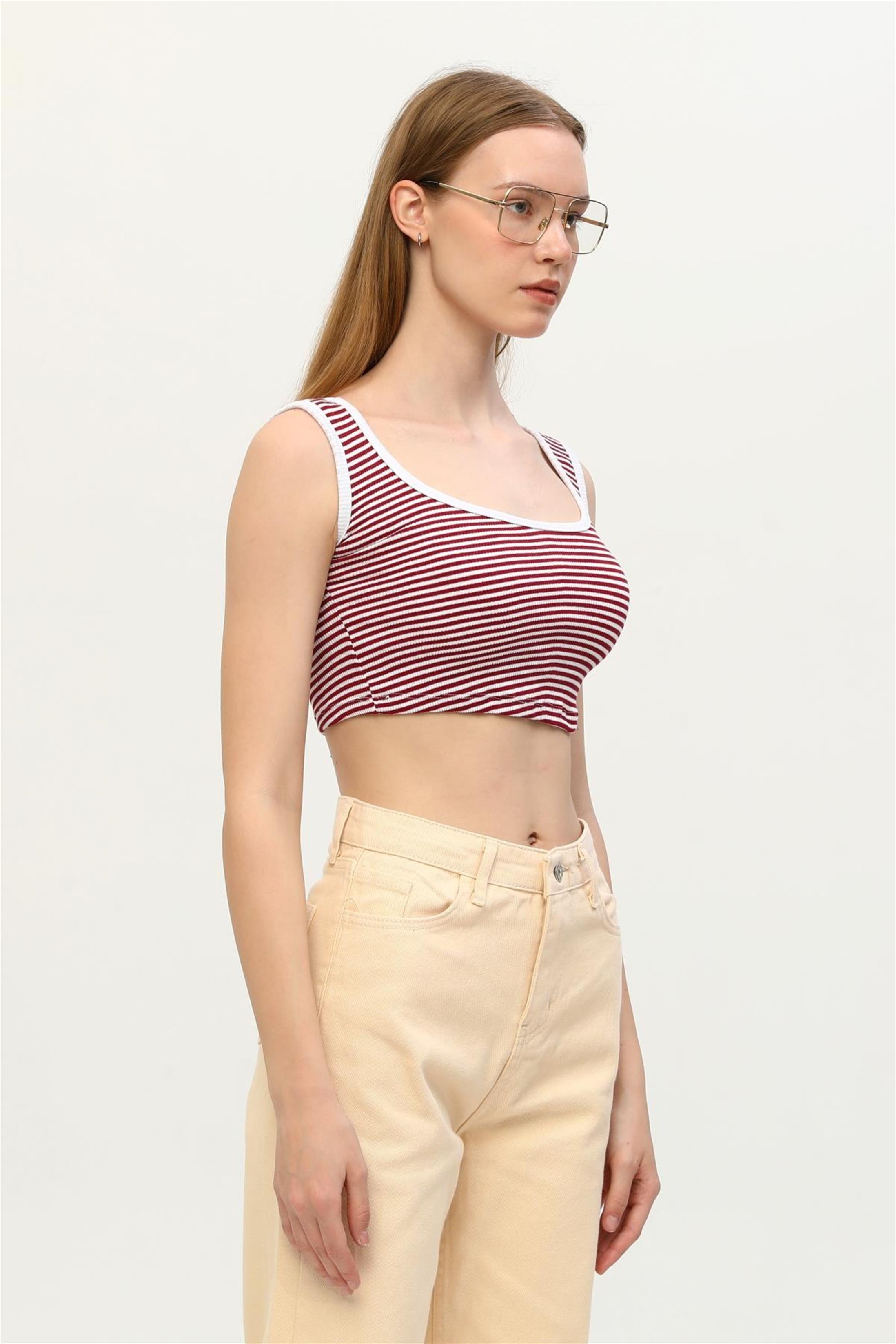Kadın Çizgili Kaşkorse Aslıkı Crop Top Büstiyer