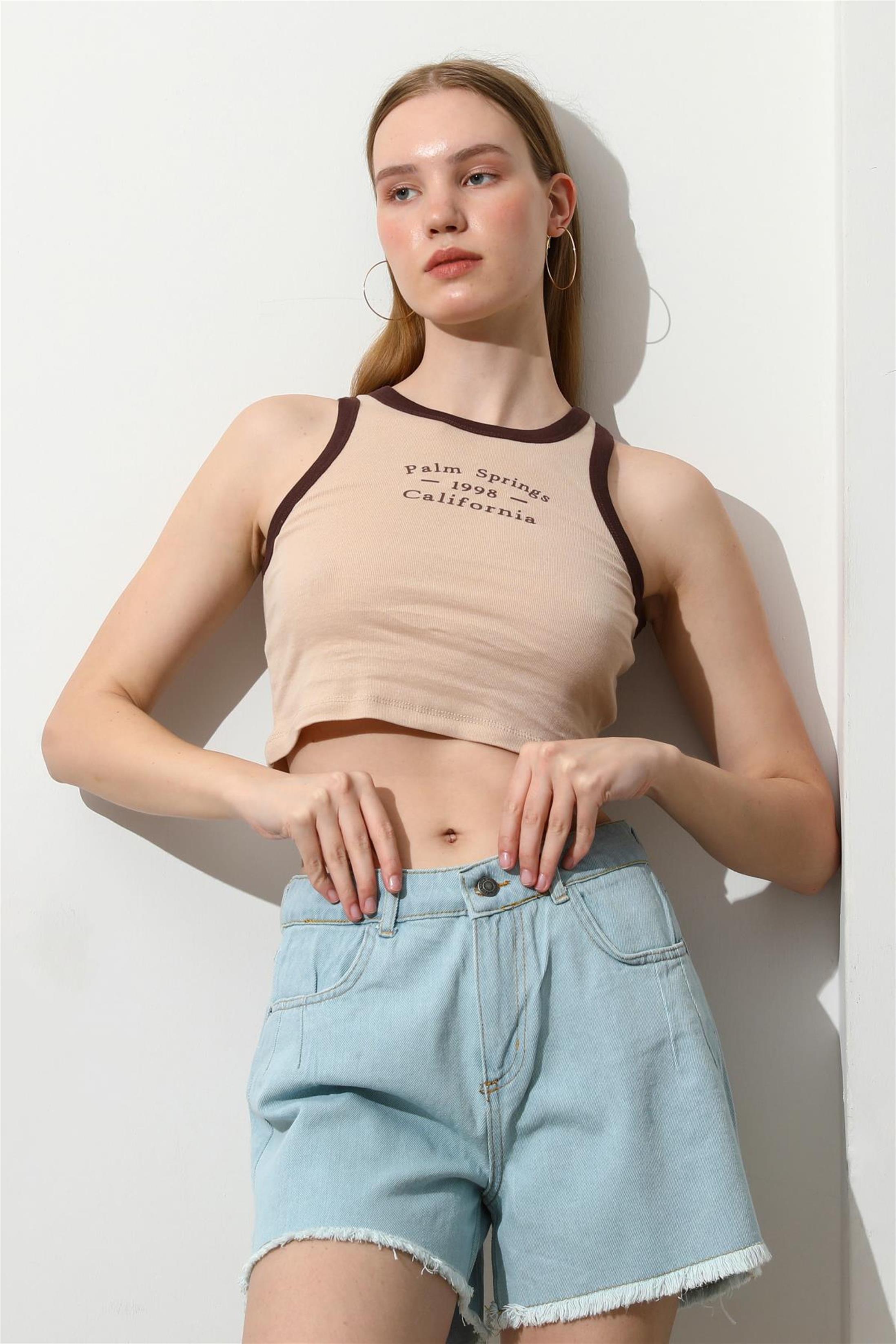 Kadın California Baskılı Crop Top Büstiyer