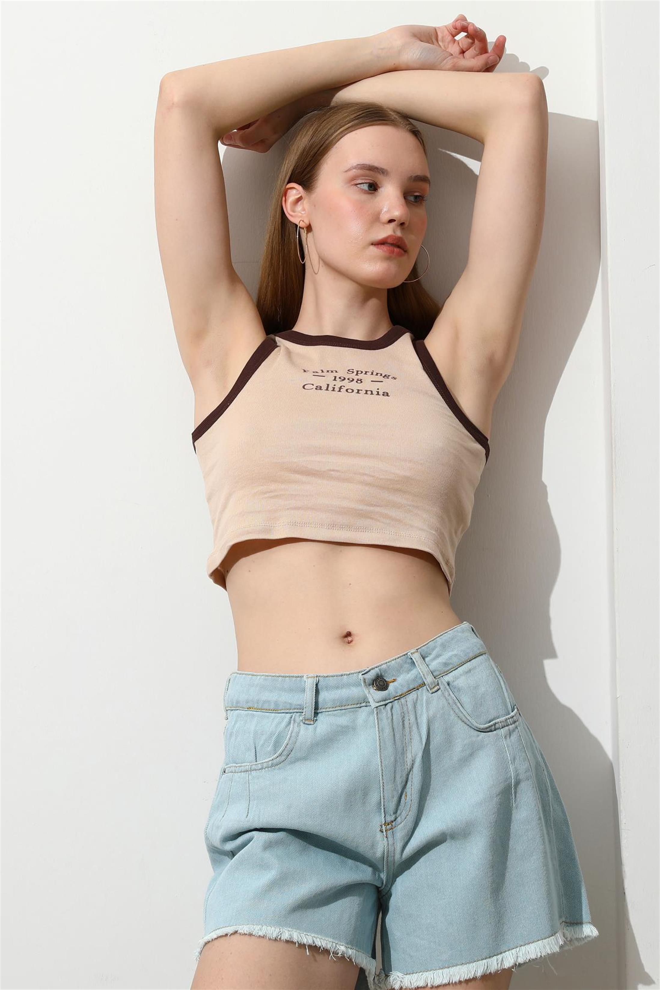 Kadın California Baskılı Crop Top Büstiyer