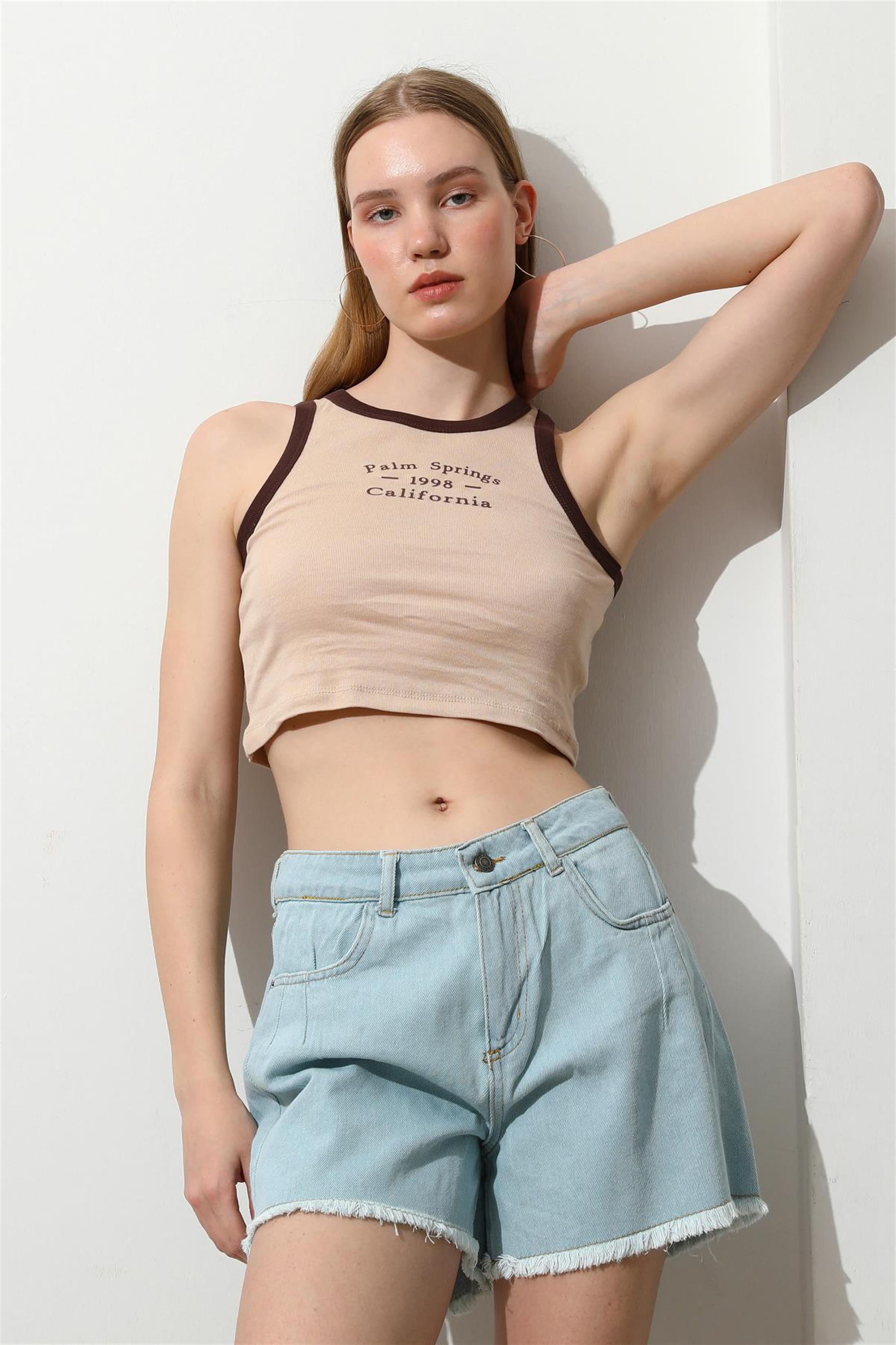 Kadın California Baskılı Crop Top Büstiyer