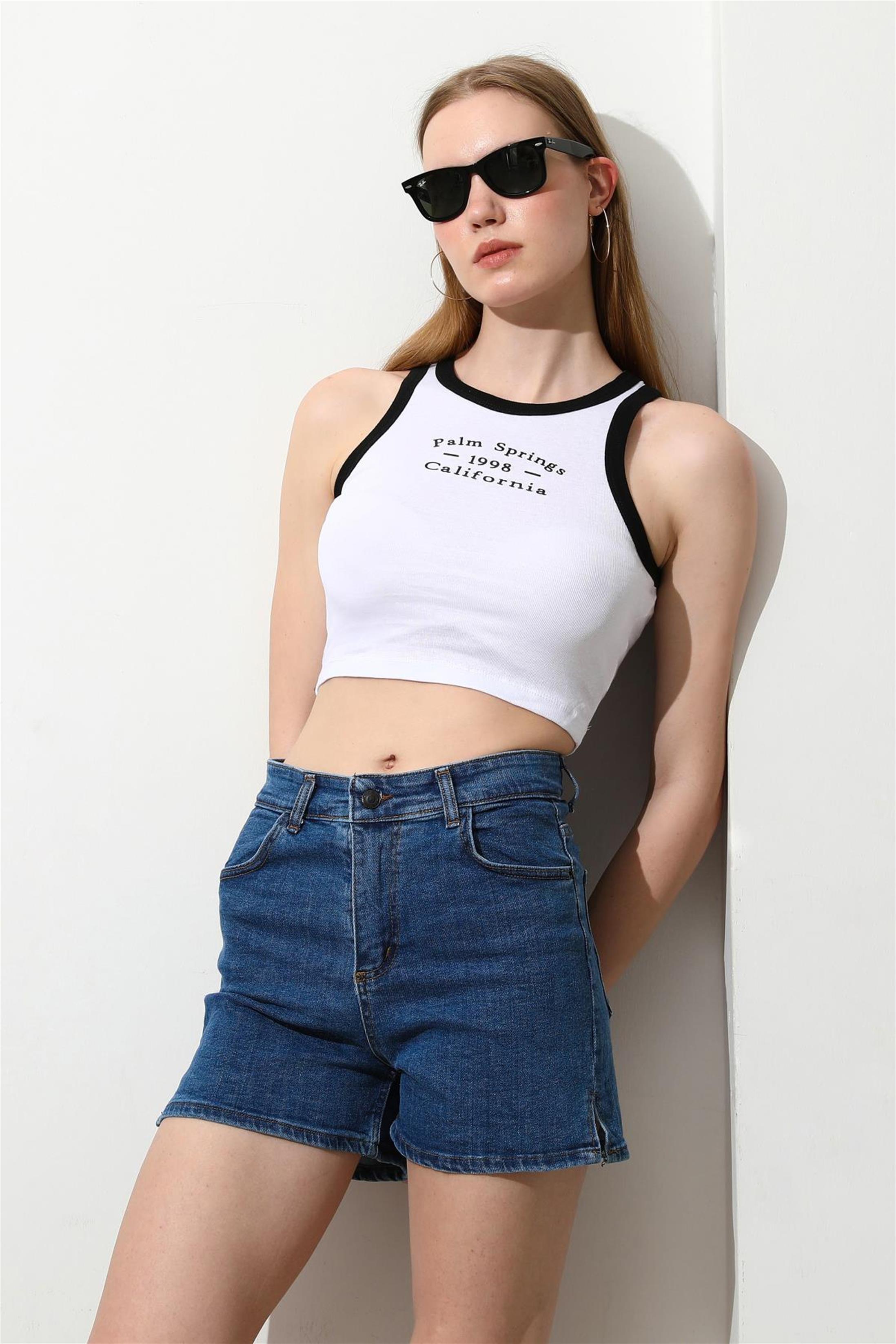 Kadın California Baskılı Crop Top Büstiyer