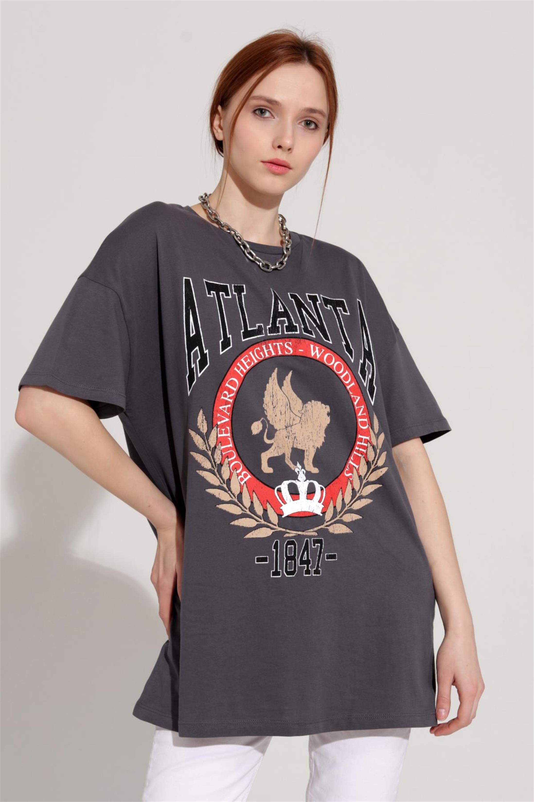 Kadın Atlanta Yazılı Baskılı Oversize T-Shirt