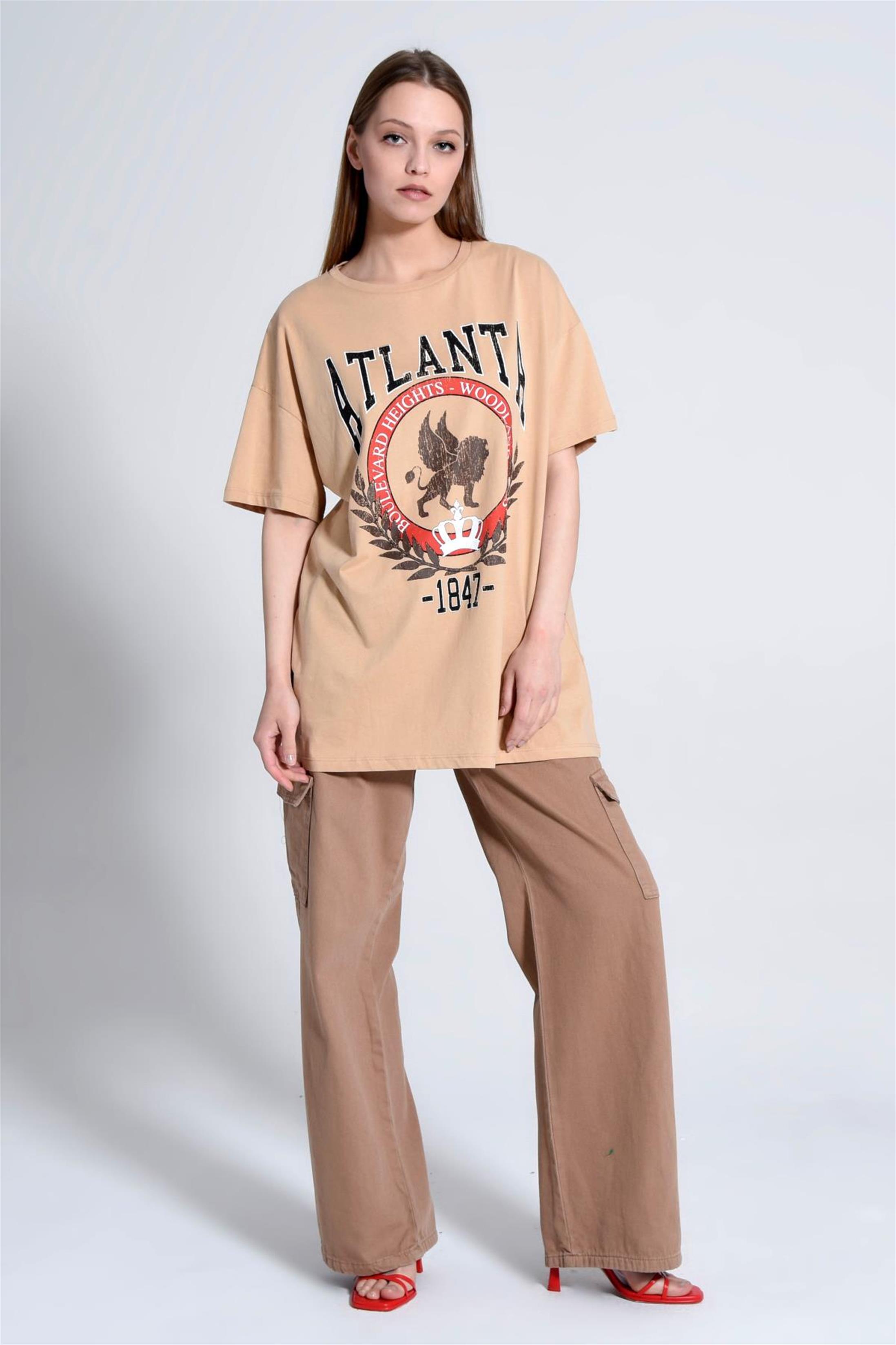 Kadın Atlanta Yazılı Baskılı Oversize T-Shirt