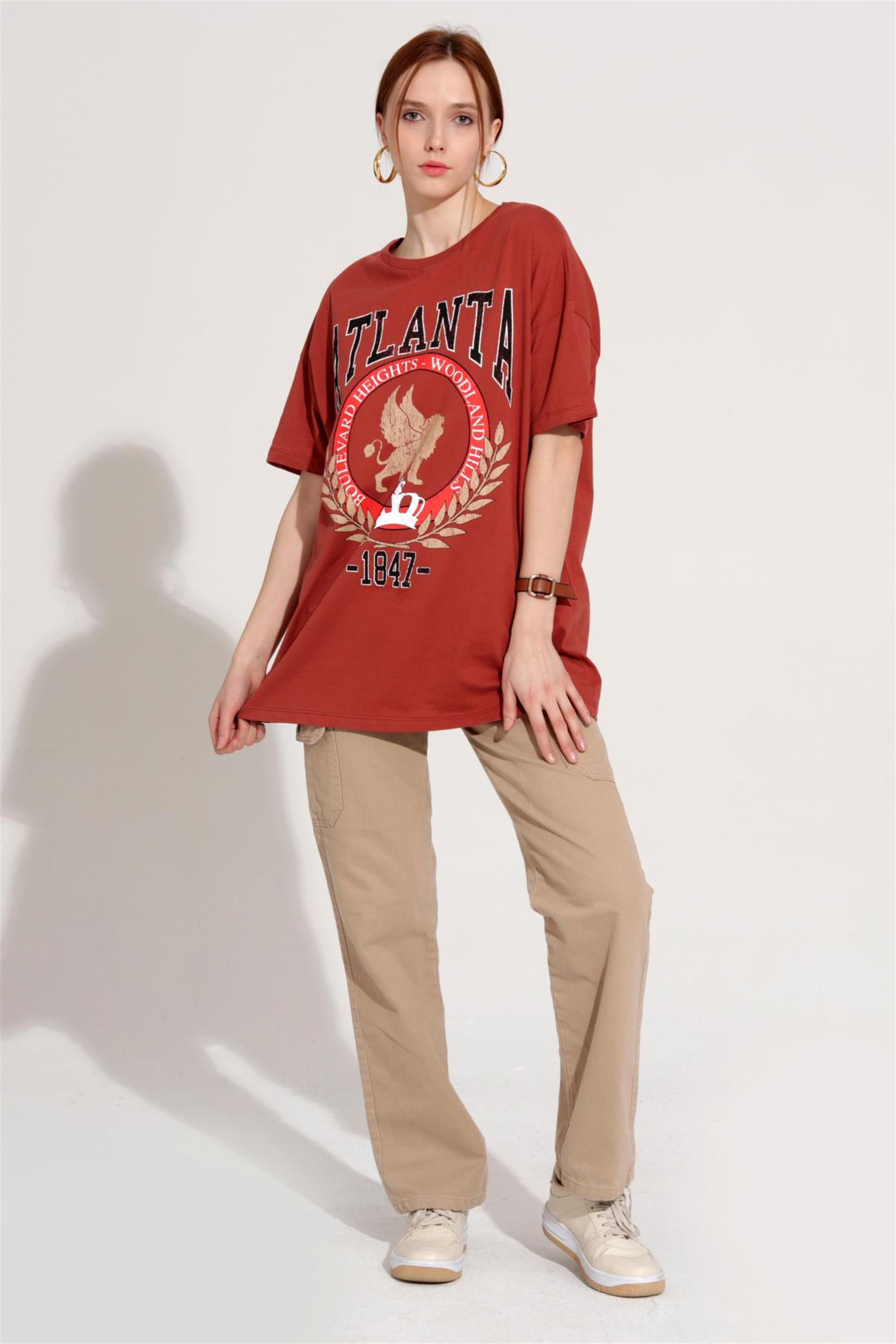 Kadın Atlanta Yazılı Baskılı Oversize T-Shirt