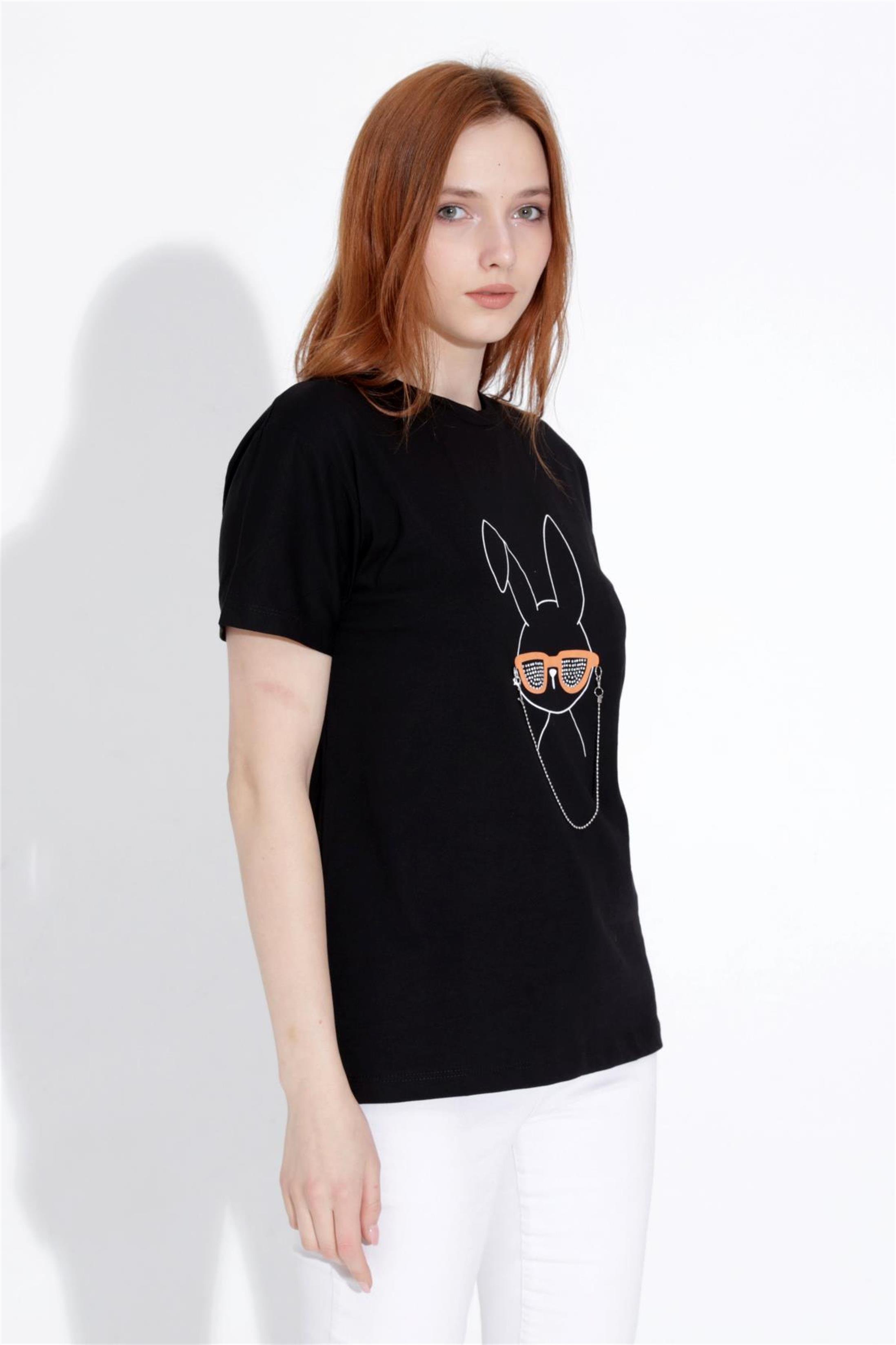 Kadın Tavşan Baskılı Taşlı Bisiklet Yaka T-Shirt