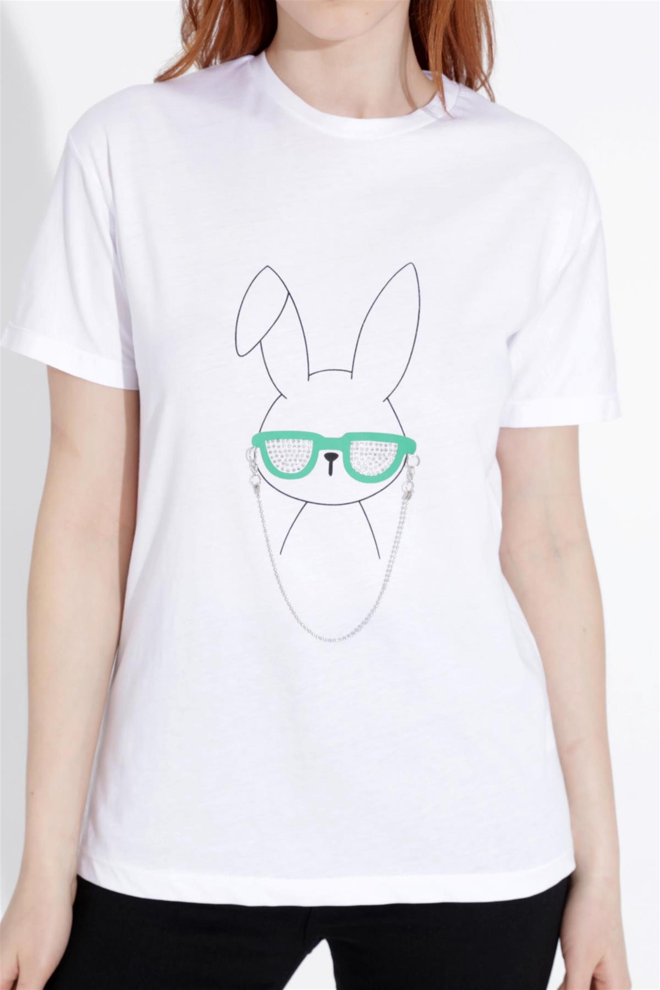 Kadın Tavşan Baskılı Taşlı Bisiklet Yaka T-Shirt