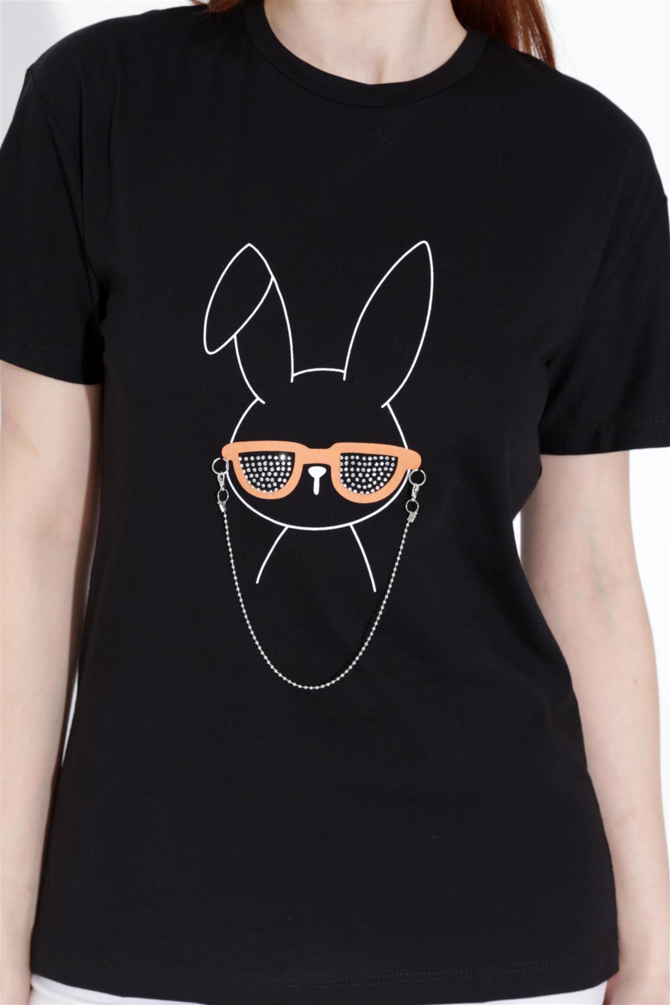 Kadın Tavşan Baskılı Taşlı Bisiklet Yaka T-Shirt