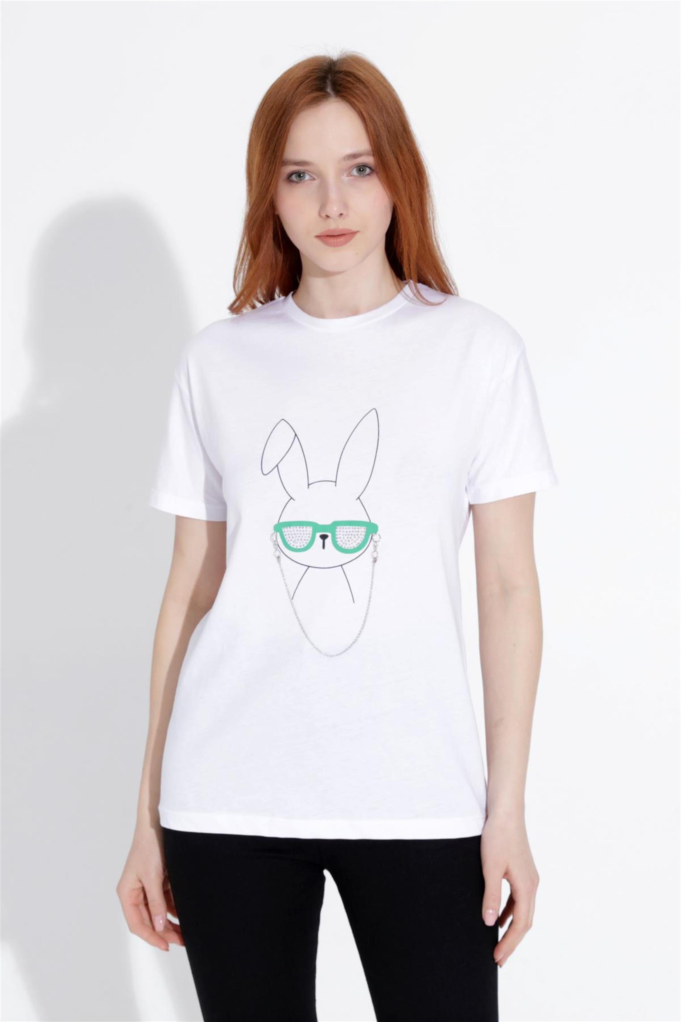 Kadın Tavşan Baskılı Taşlı Bisiklet Yaka T-Shirt