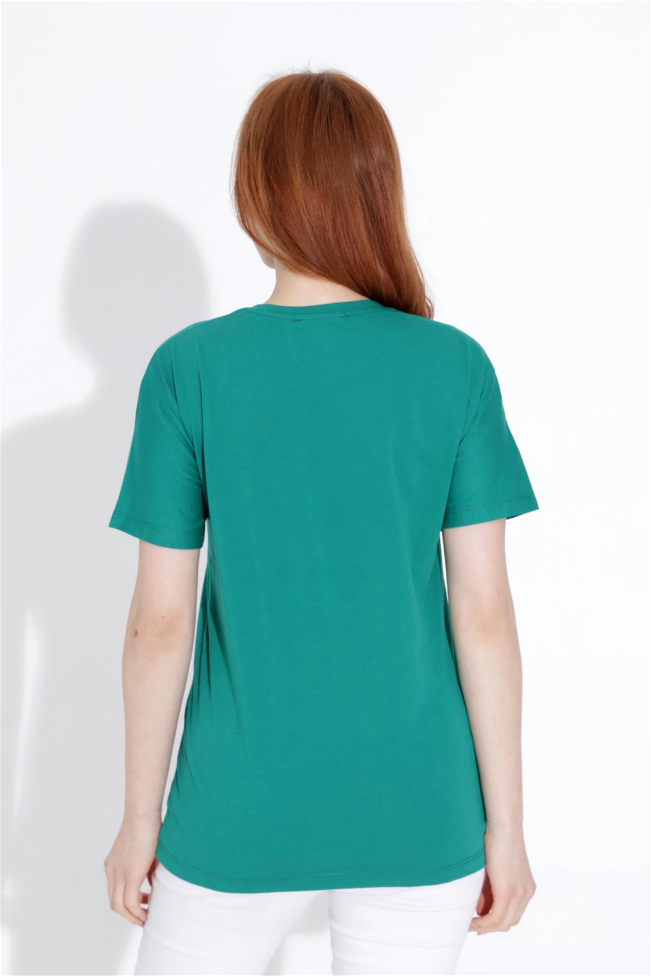Kadın Tavşan Baskılı Taşlı Bisiklet Yaka T-Shirt