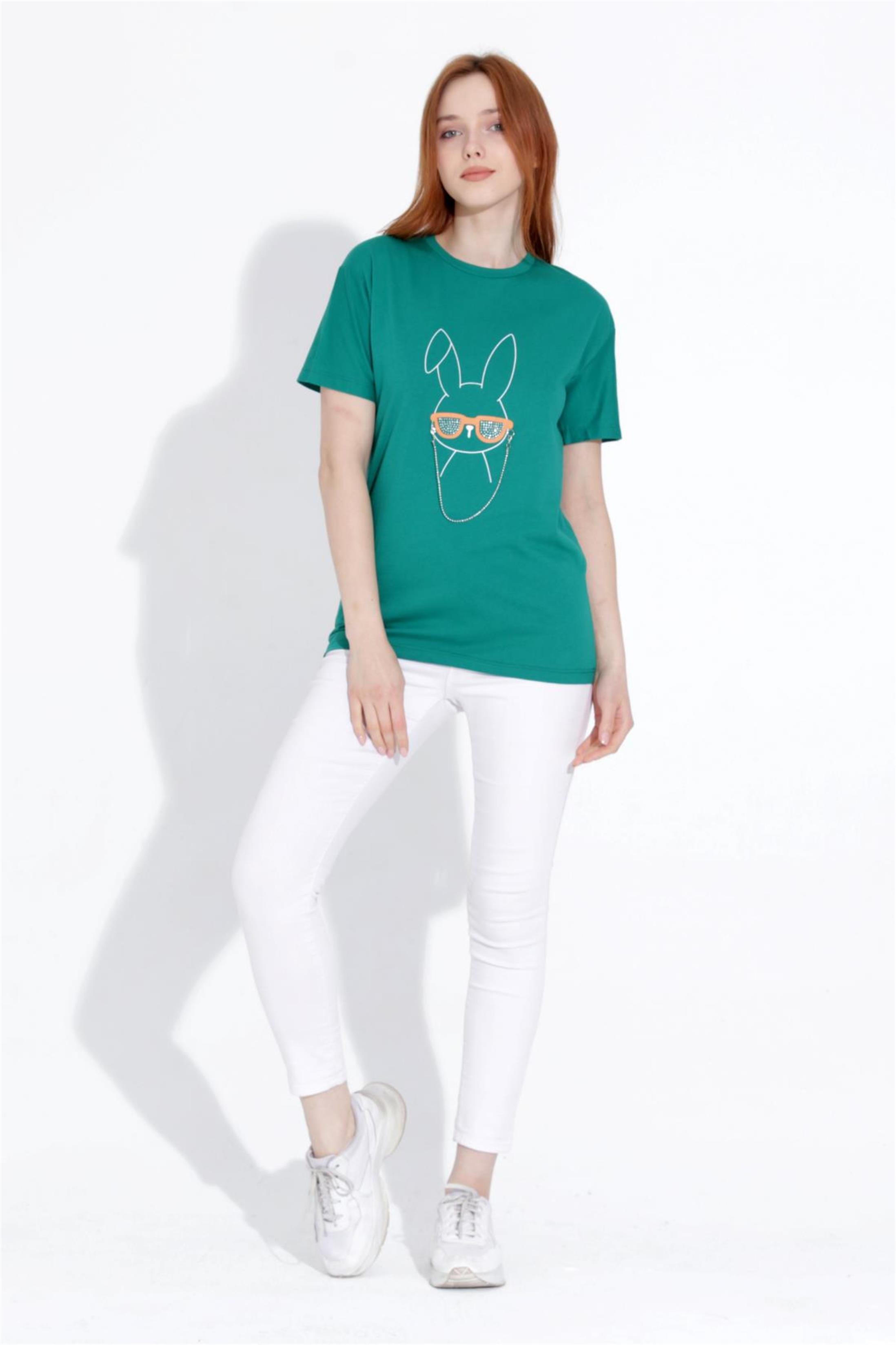 Kadın Tavşan Baskılı Taşlı Bisiklet Yaka T-Shirt