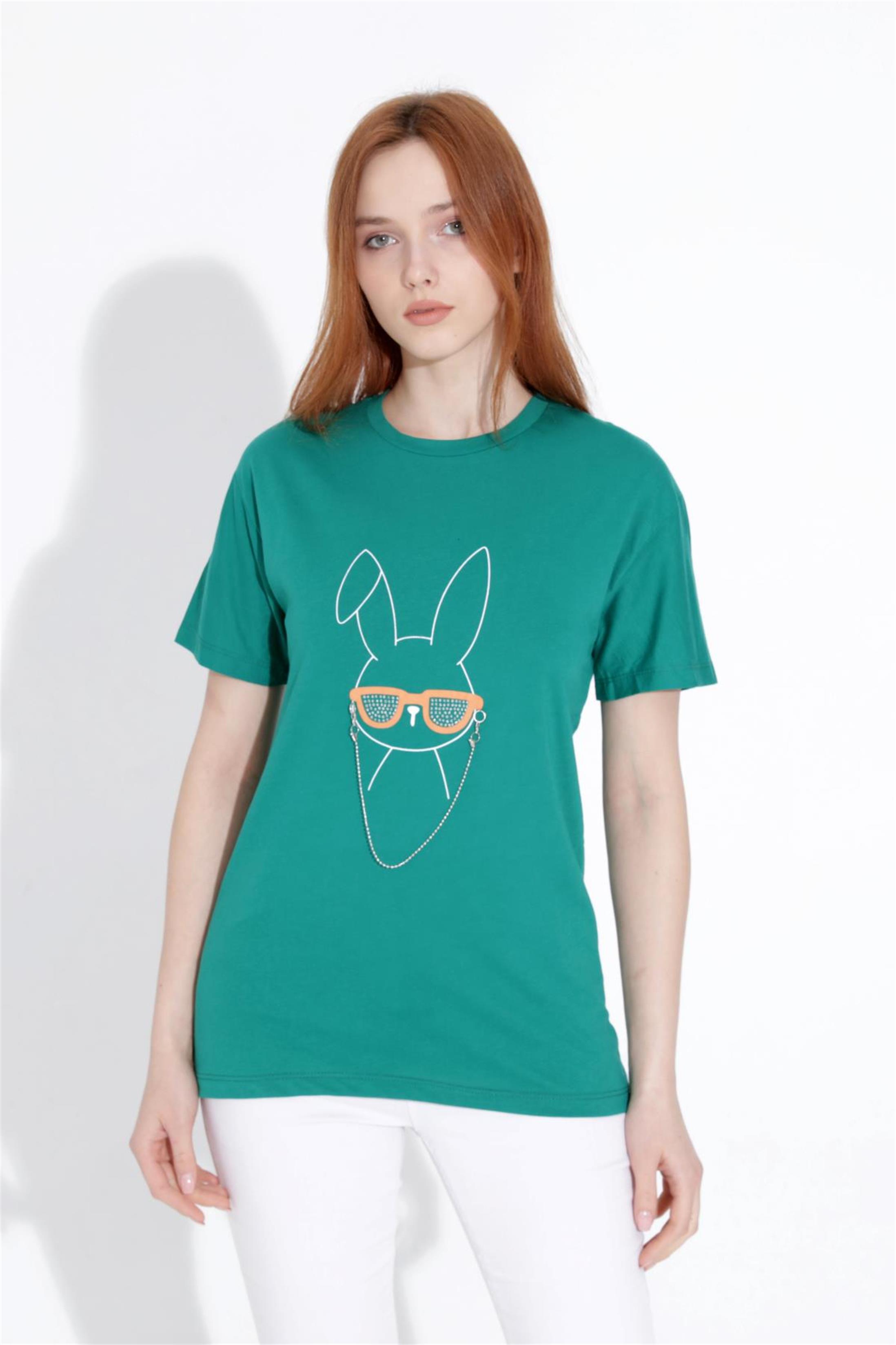 Kadın Tavşan Baskılı Taşlı Bisiklet Yaka T-Shirt
