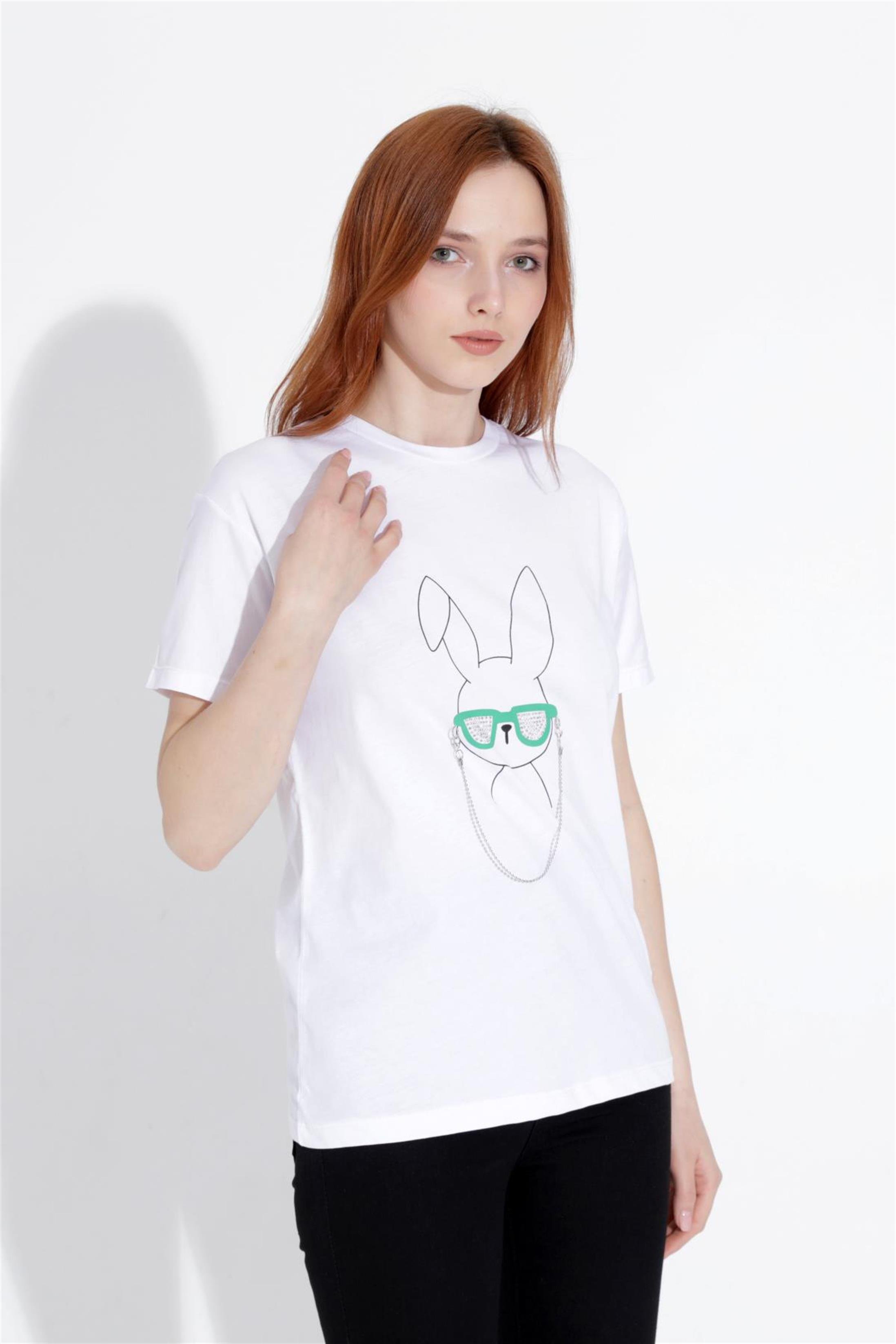 Kadın Tavşan Baskılı Taşlı Bisiklet Yaka T-Shirt