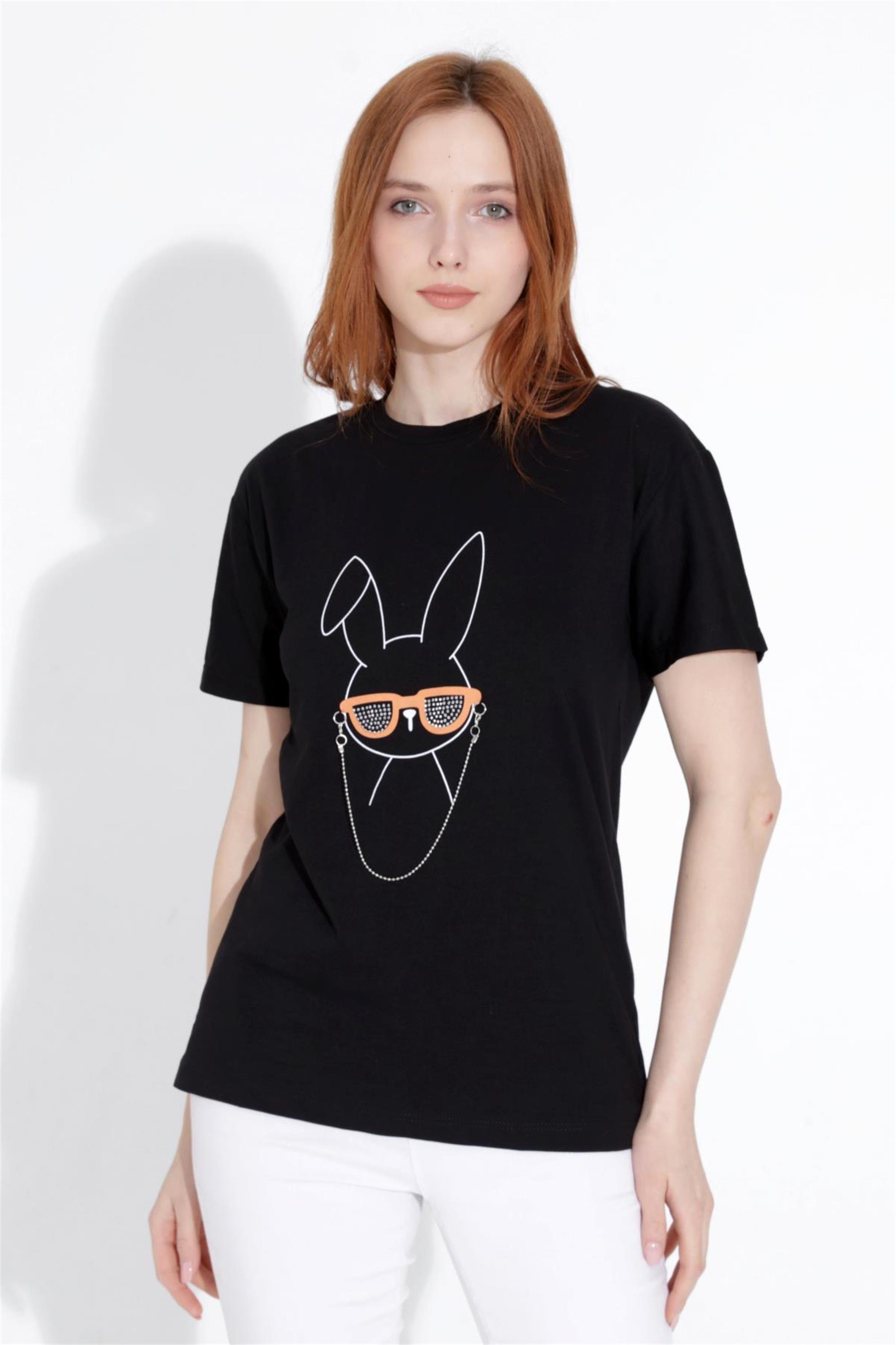 Kadın Tavşan Baskılı Taşlı Bisiklet Yaka T-Shirt