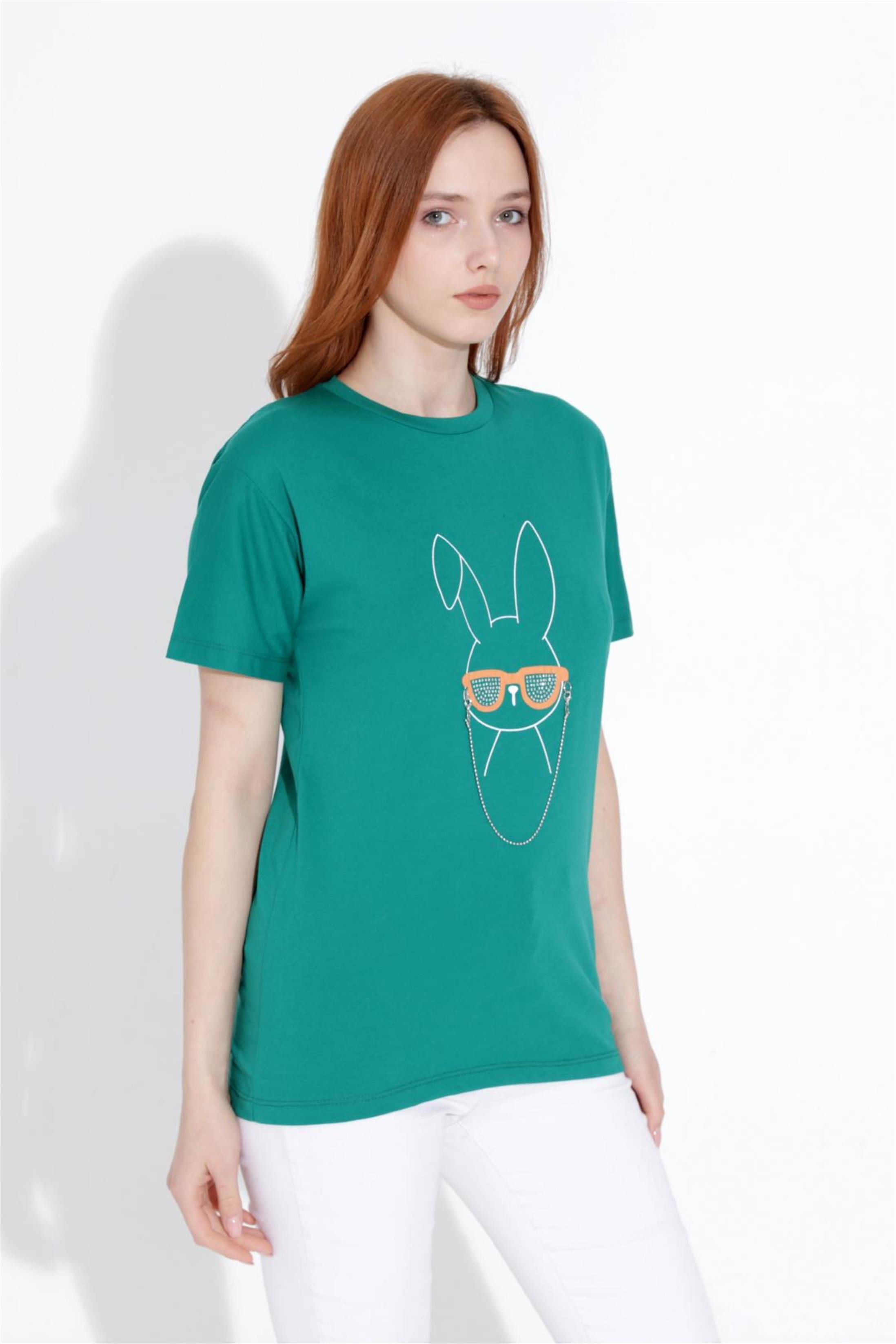 Kadın Tavşan Baskılı Taşlı Bisiklet Yaka T-Shirt