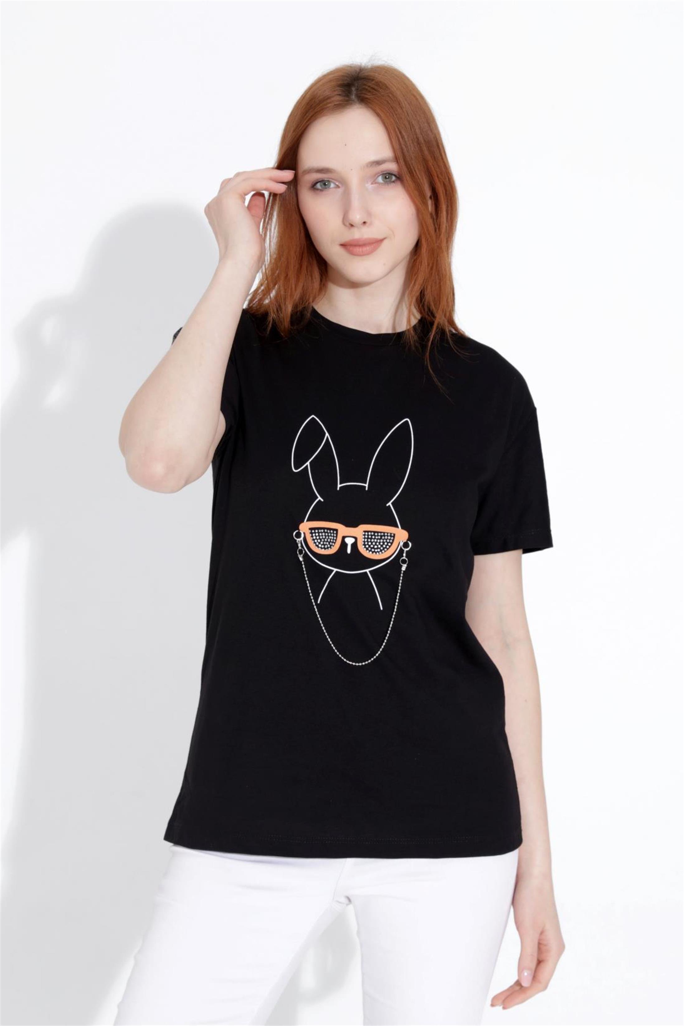 Kadın Tavşan Baskılı Taşlı Bisiklet Yaka T-Shirt