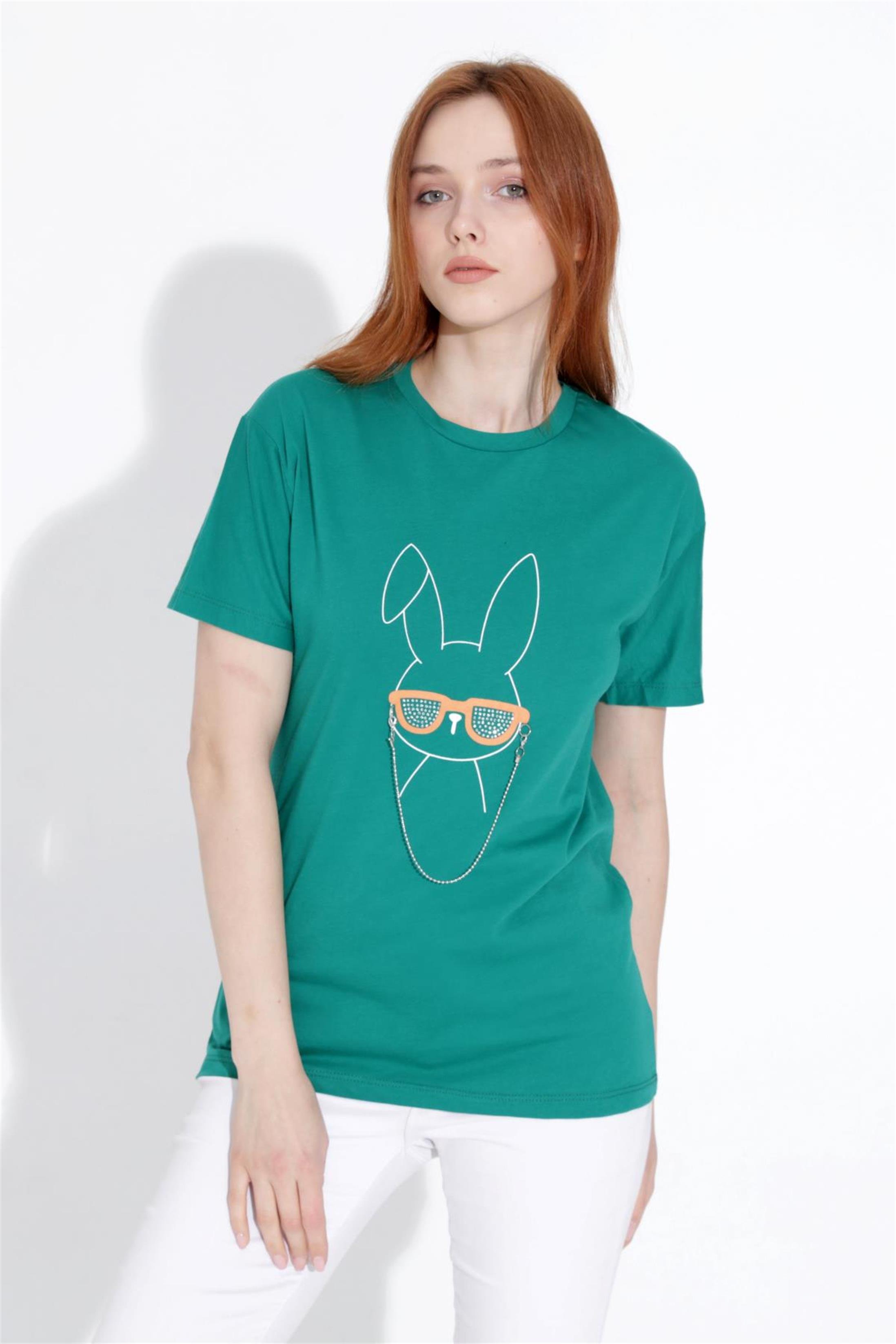 Kadın Tavşan Baskılı Taşlı Bisiklet Yaka T-Shirt