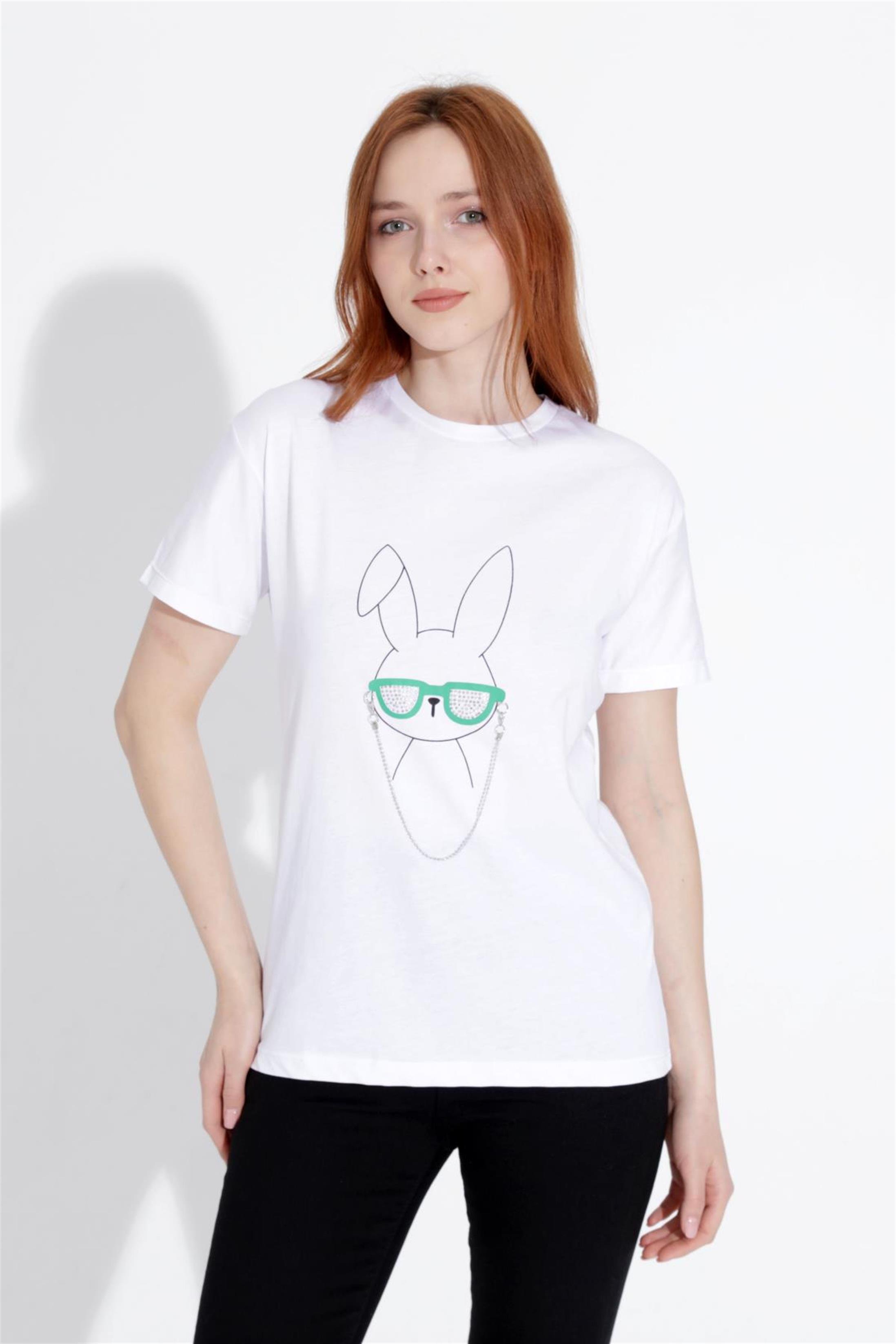 Kadın Tavşan Baskılı Taşlı Bisiklet Yaka T-Shirt