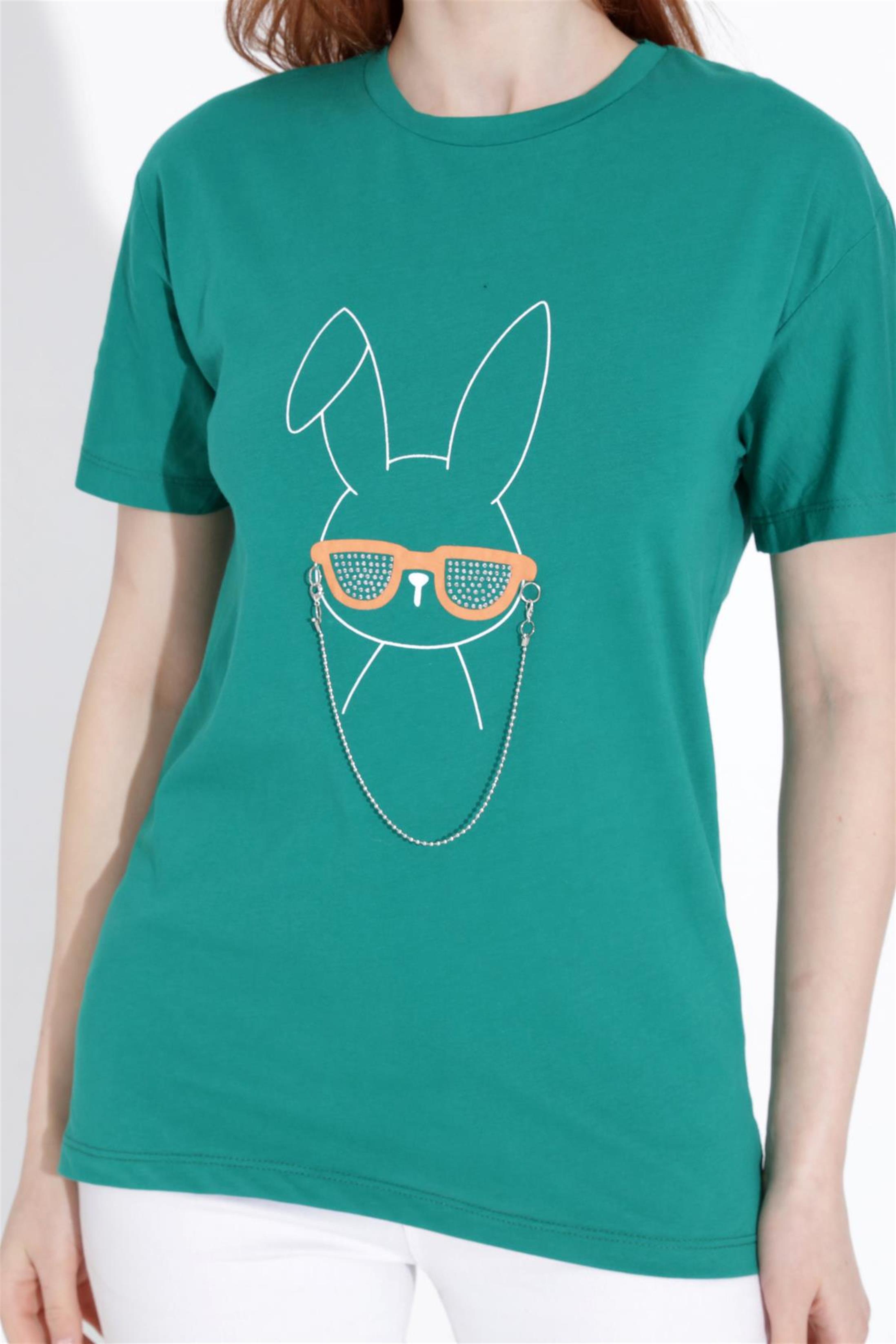 Kadın Tavşan Baskılı Taşlı Bisiklet Yaka T-Shirt