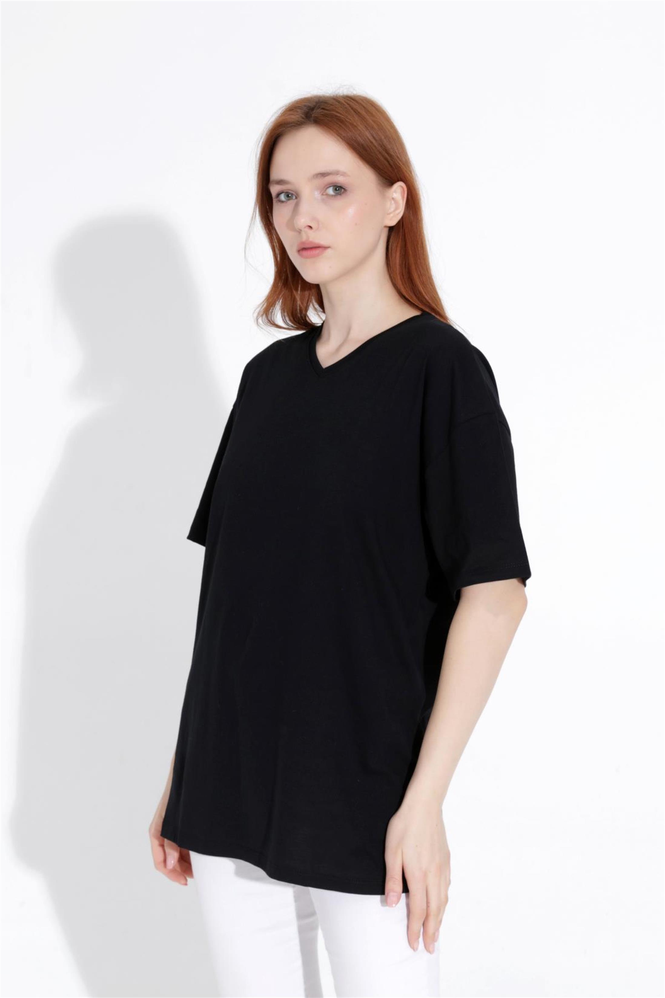 Kadın V Yaka Boyfriend Basic T-Shirt