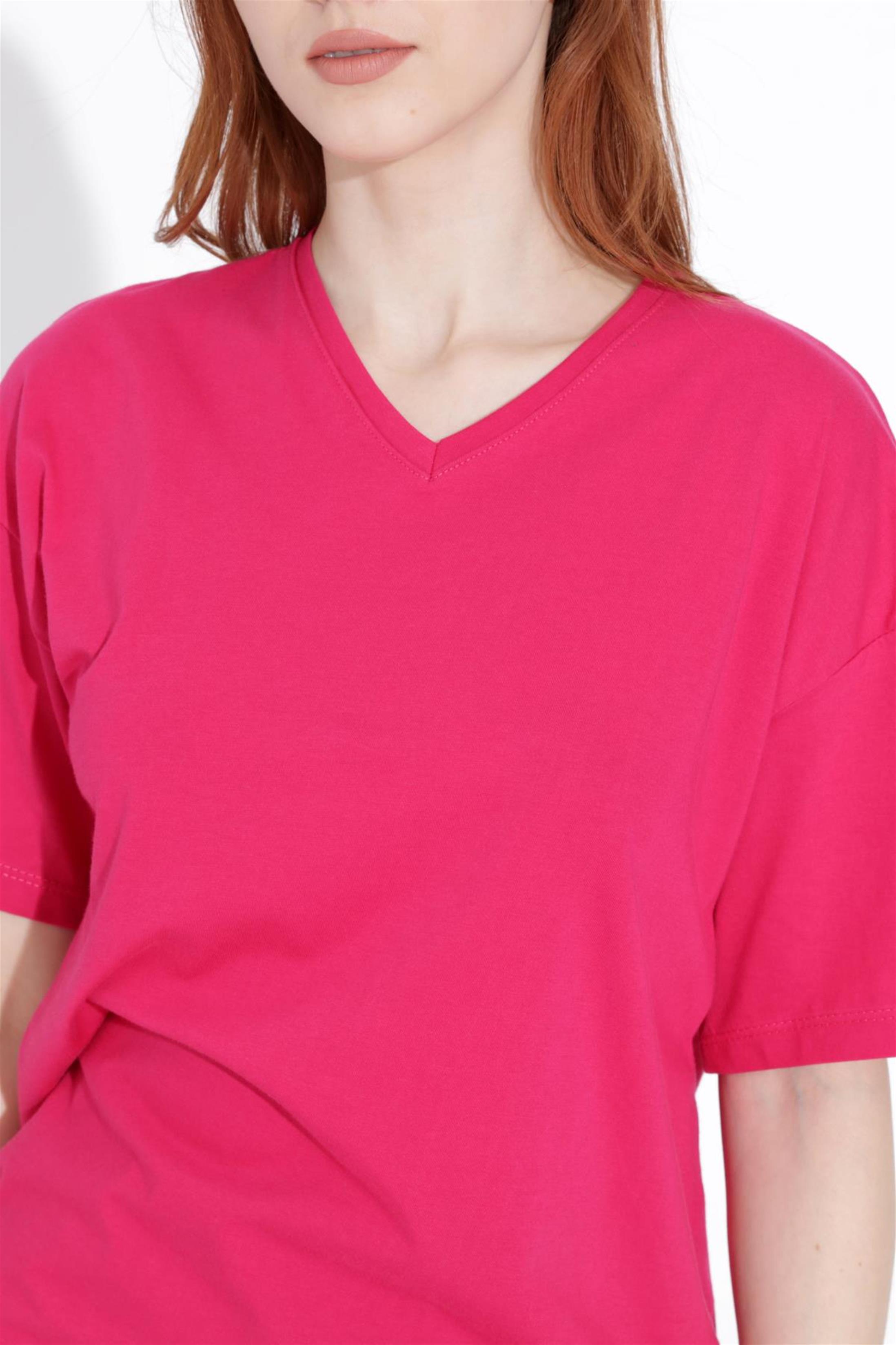 Kadın V Yaka Boyfriend Basic T-Shirt