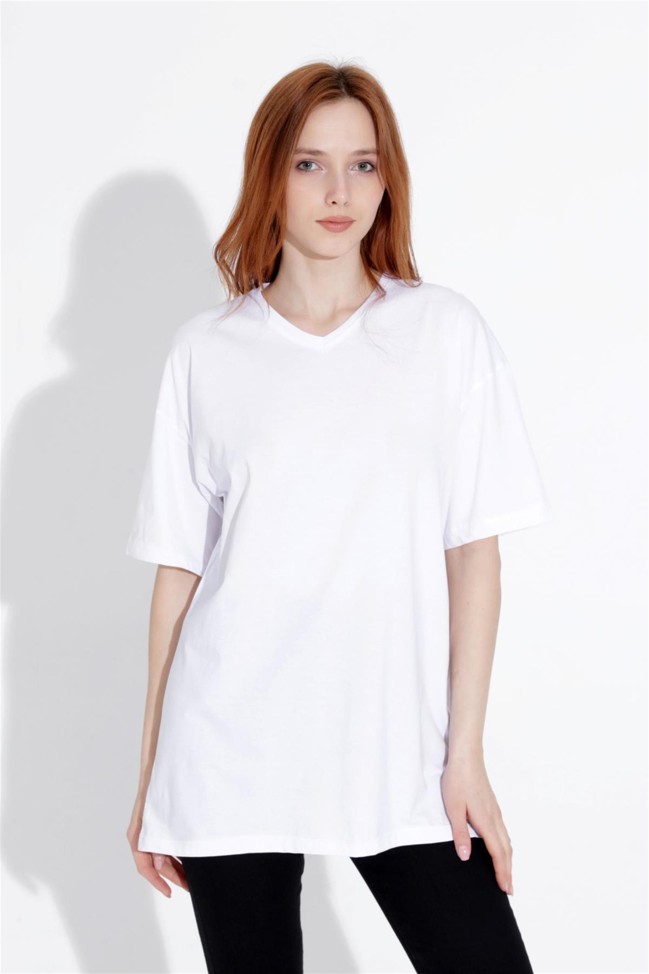 Kadın V Yaka Boyfriend Basic T-Shirt