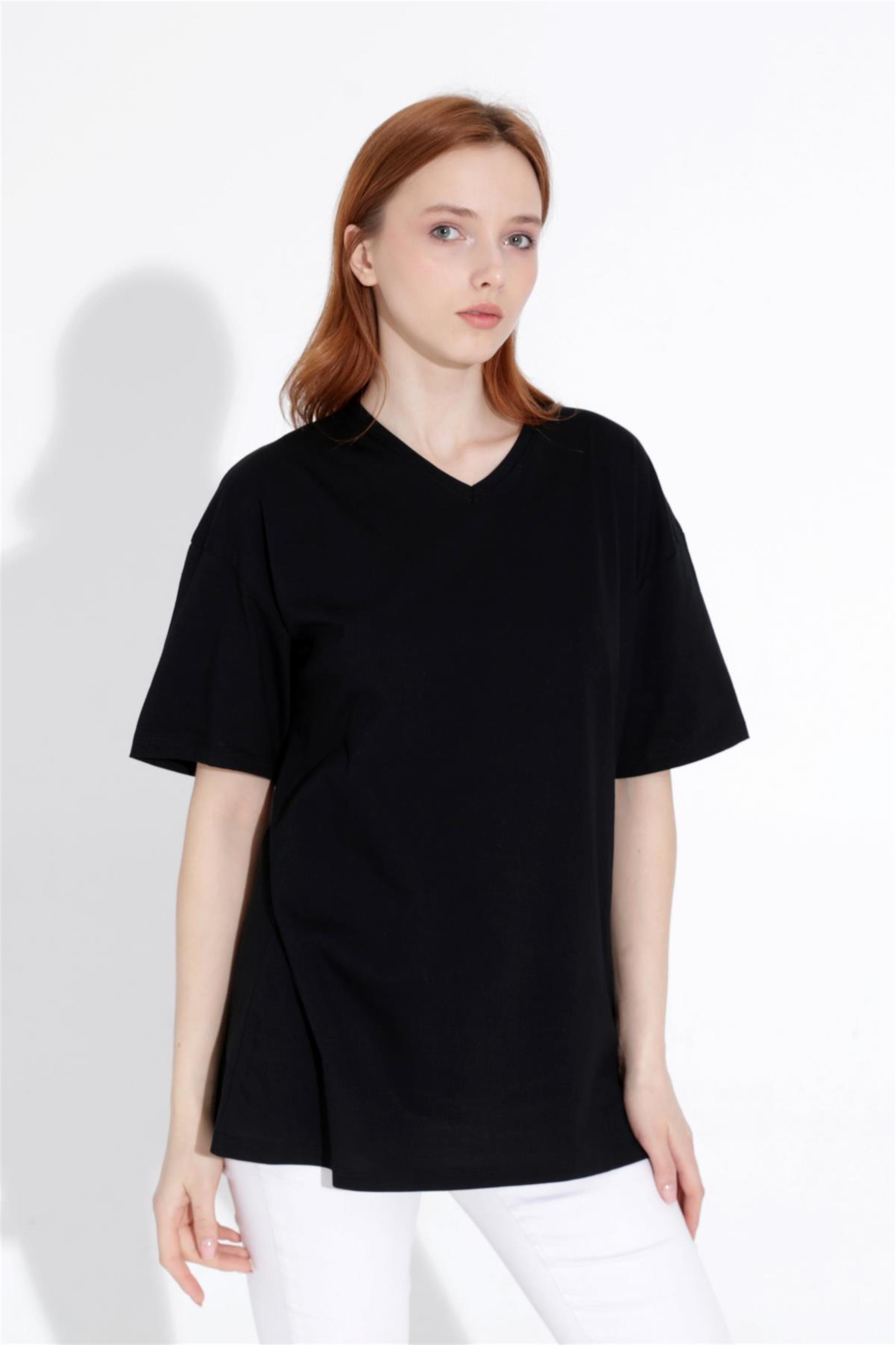 Kadın V Yaka Boyfriend Basic T-Shirt