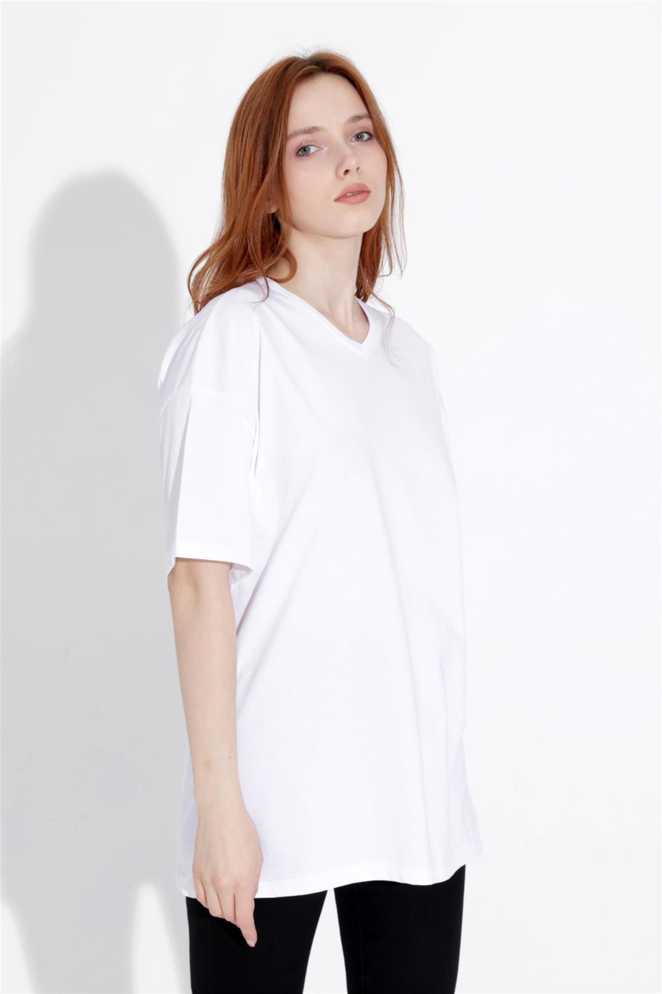 Kadın V Yaka Boyfriend Basic T-Shirt