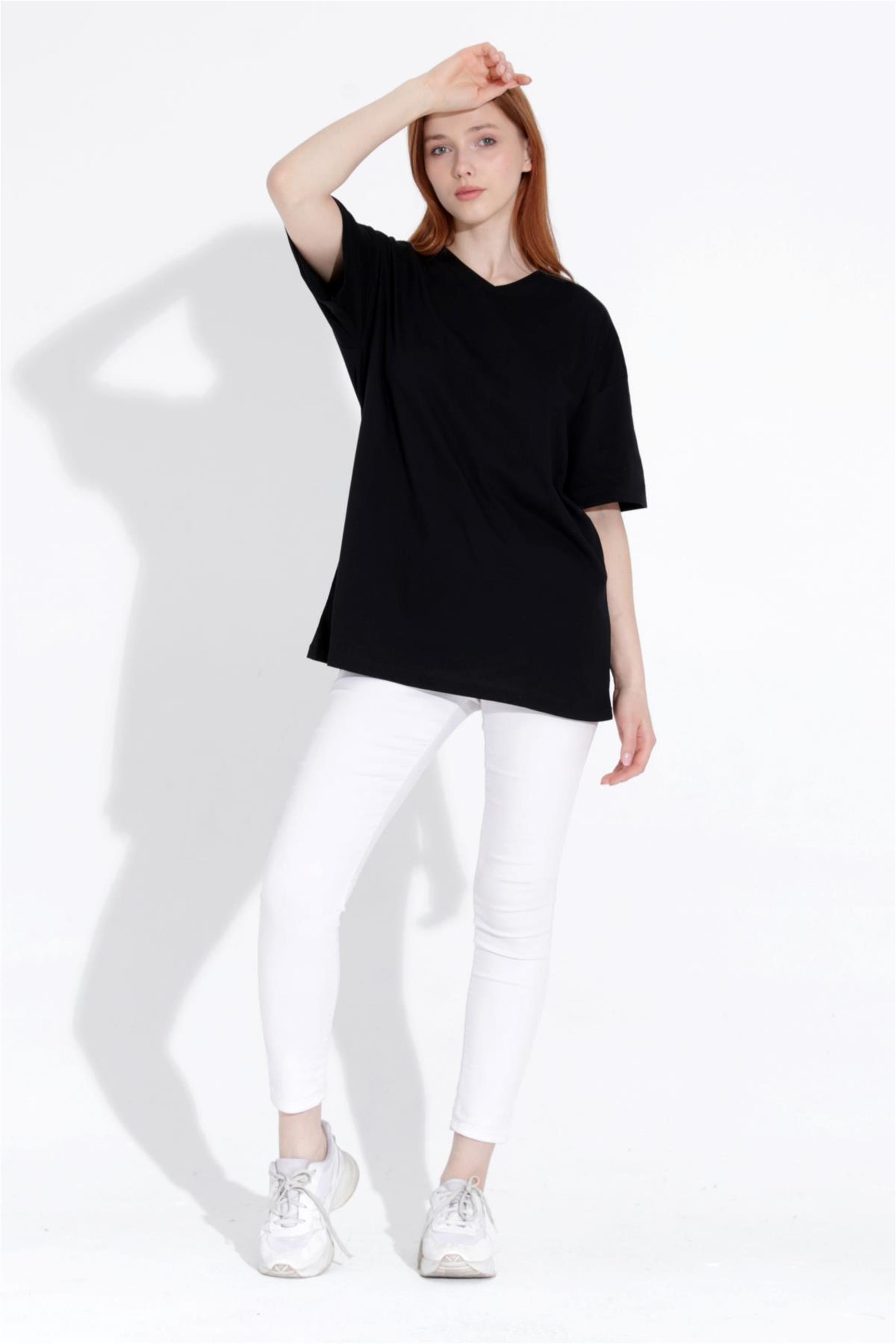 Kadın V Yaka Boyfriend Basic T-Shirt