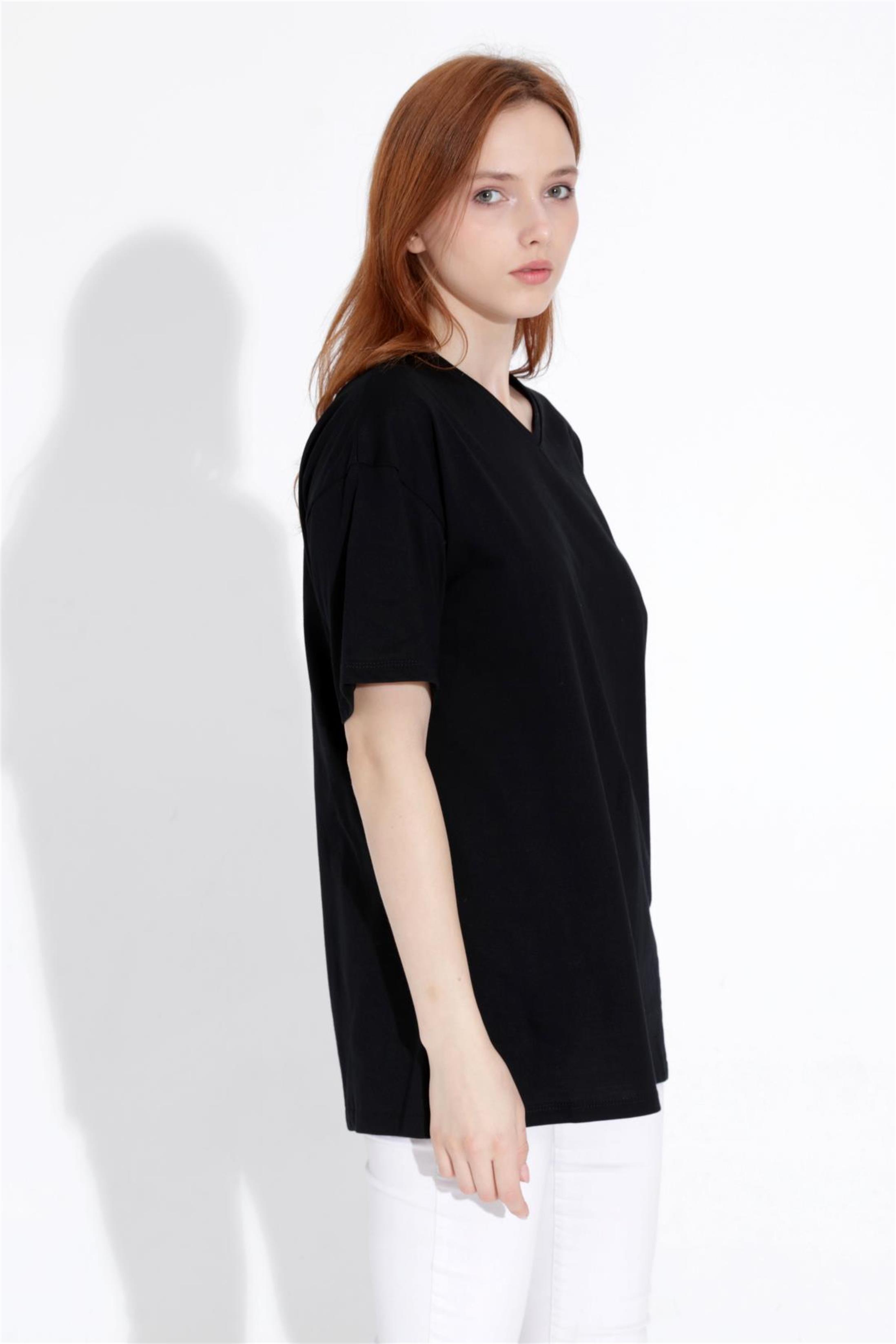 Kadın V Yaka Boyfriend Basic T-Shirt