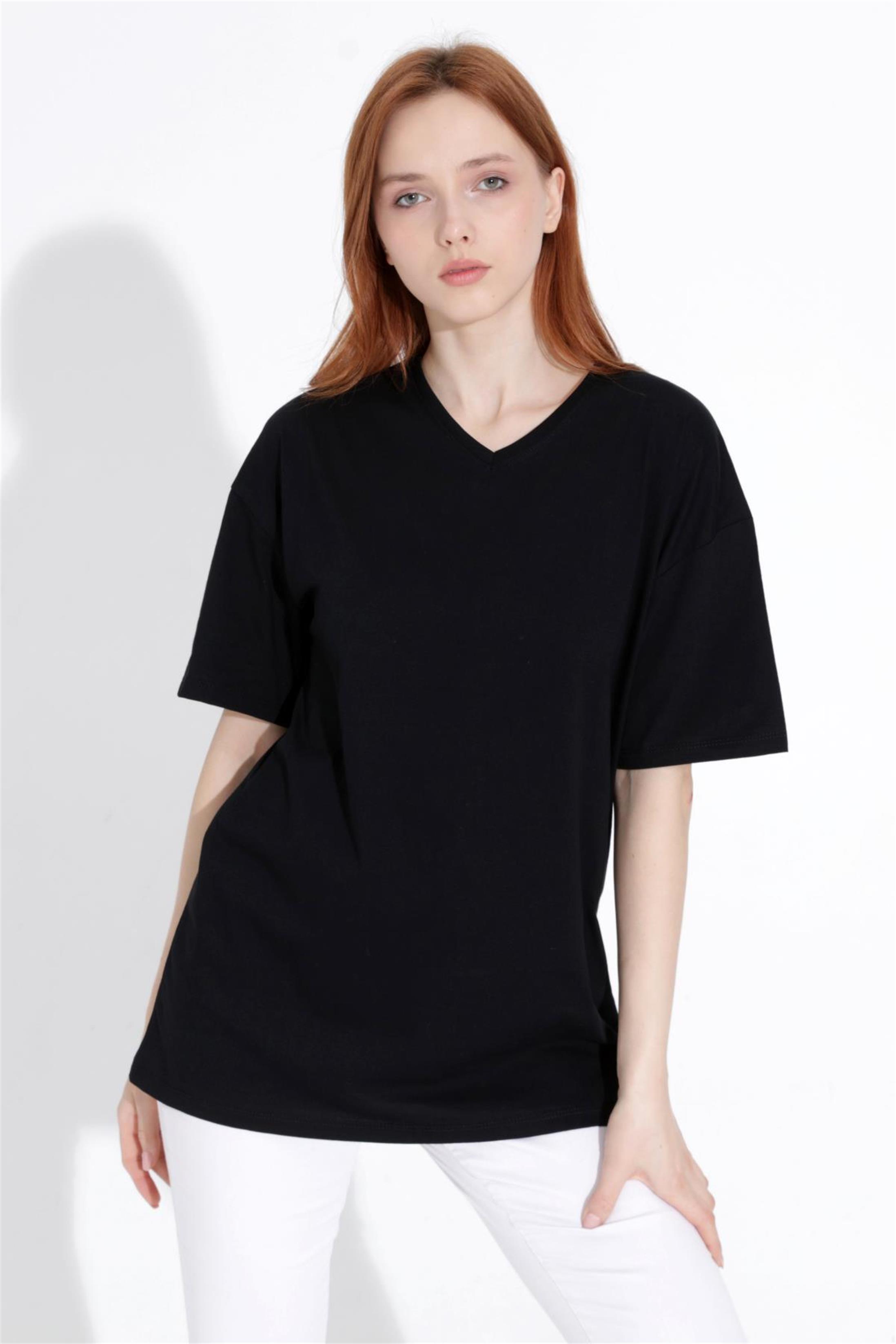 Kadın V Yaka Boyfriend Basic T-Shirt