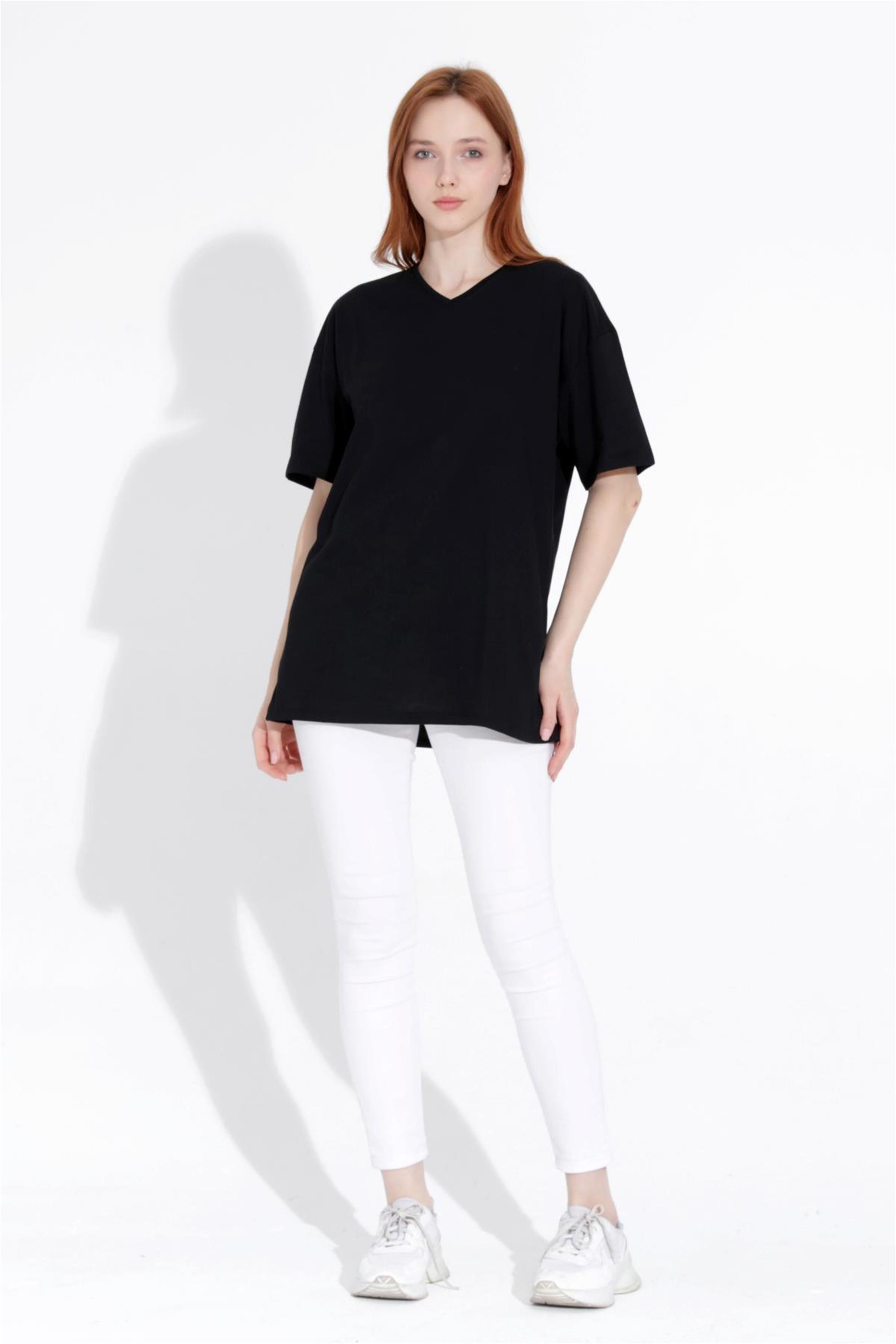 Kadın V Yaka Boyfriend Basic T-Shirt