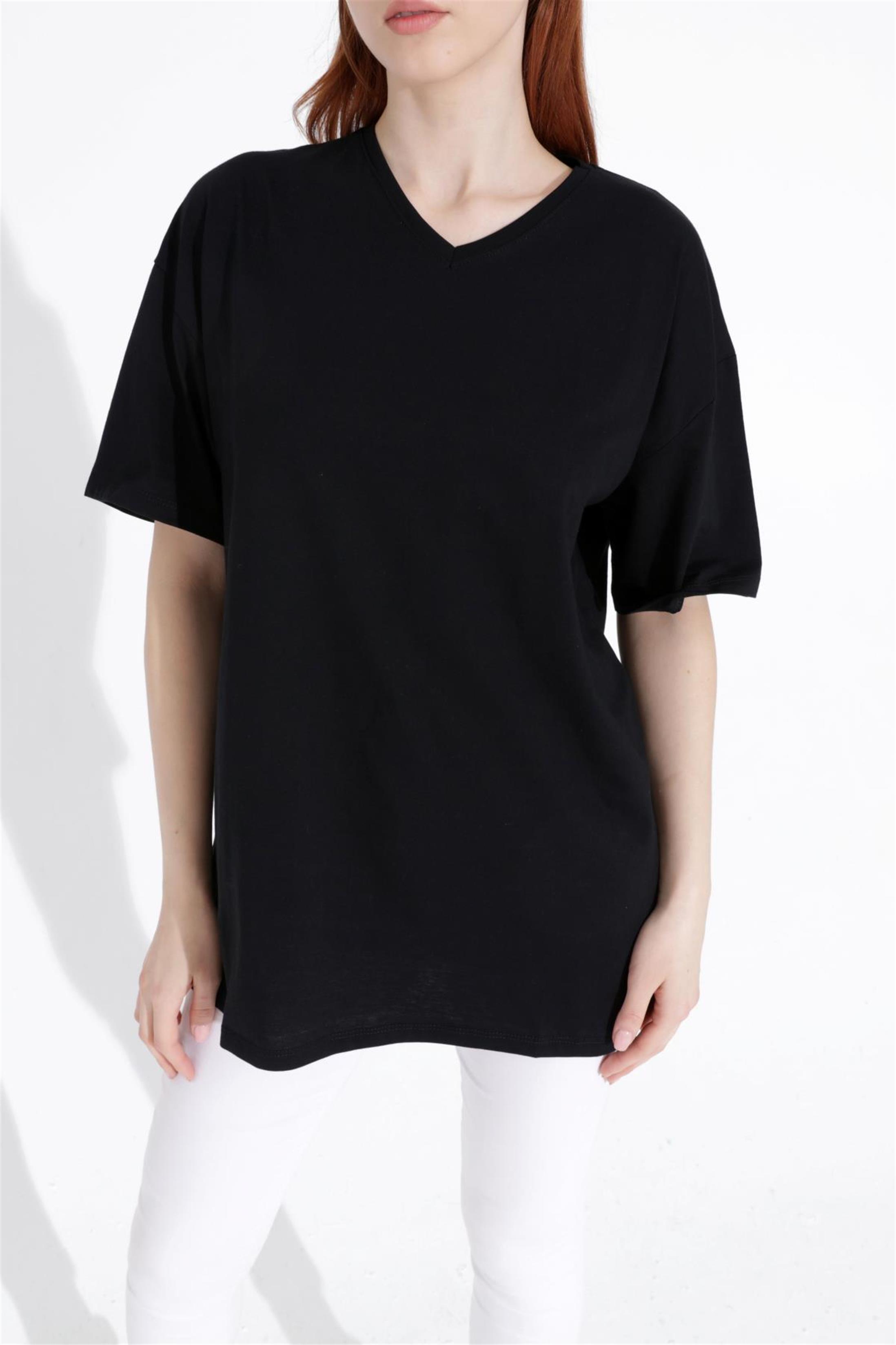 Kadın V Yaka Boyfriend Basic T-Shirt