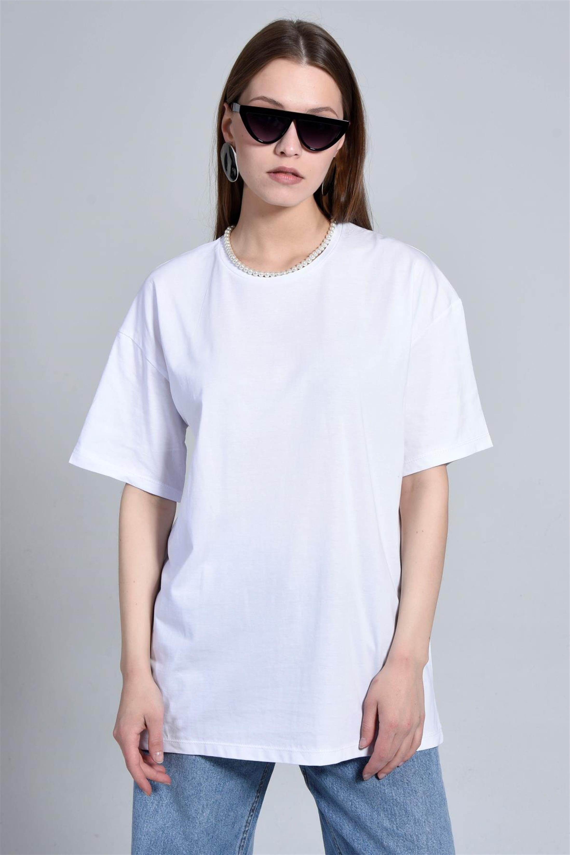 Kadın Bisiklet Yaka Basic Salaş T-Shirt