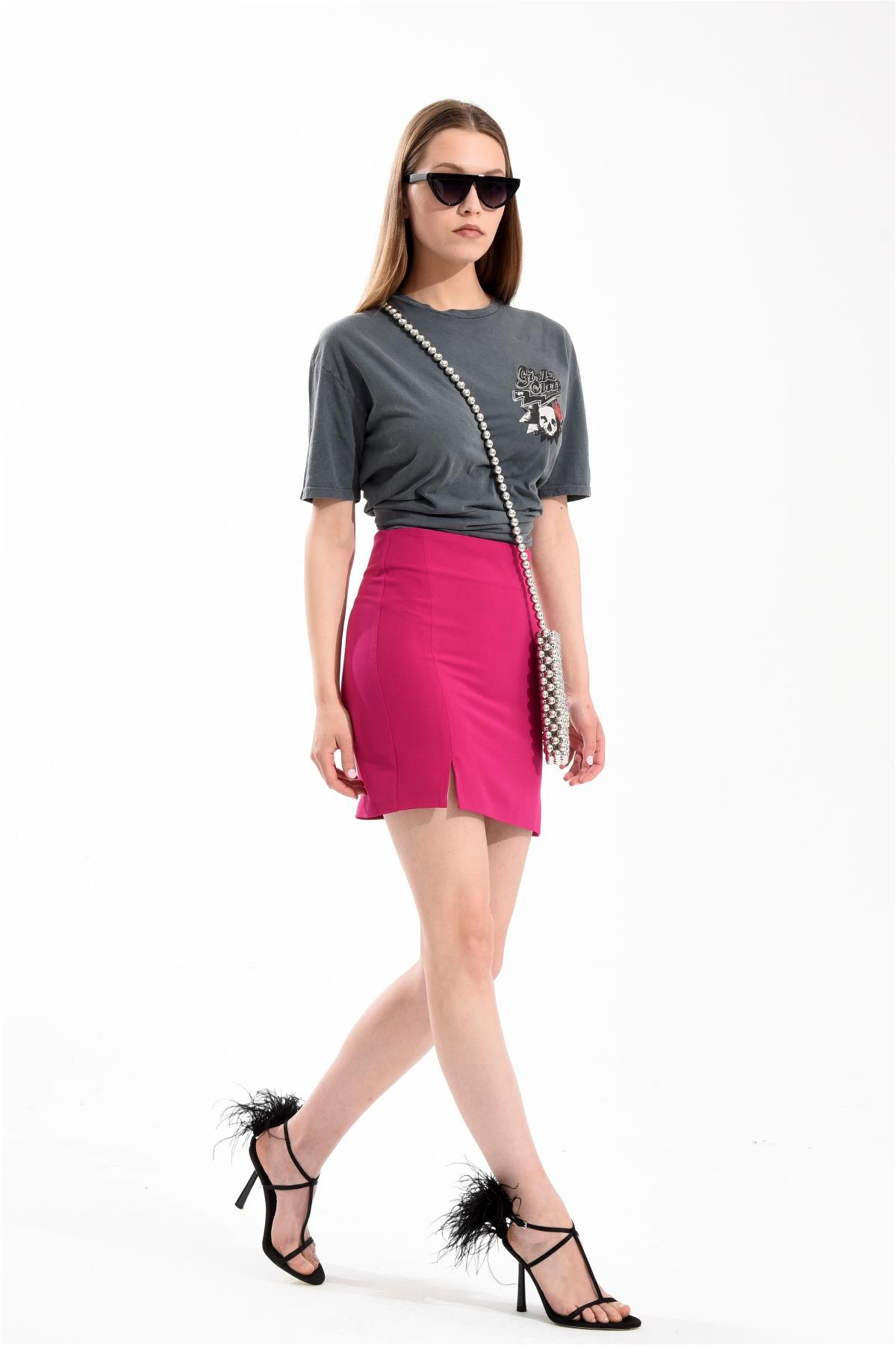 Girls Clup Yıkama Baskılı Füme T-Shirt