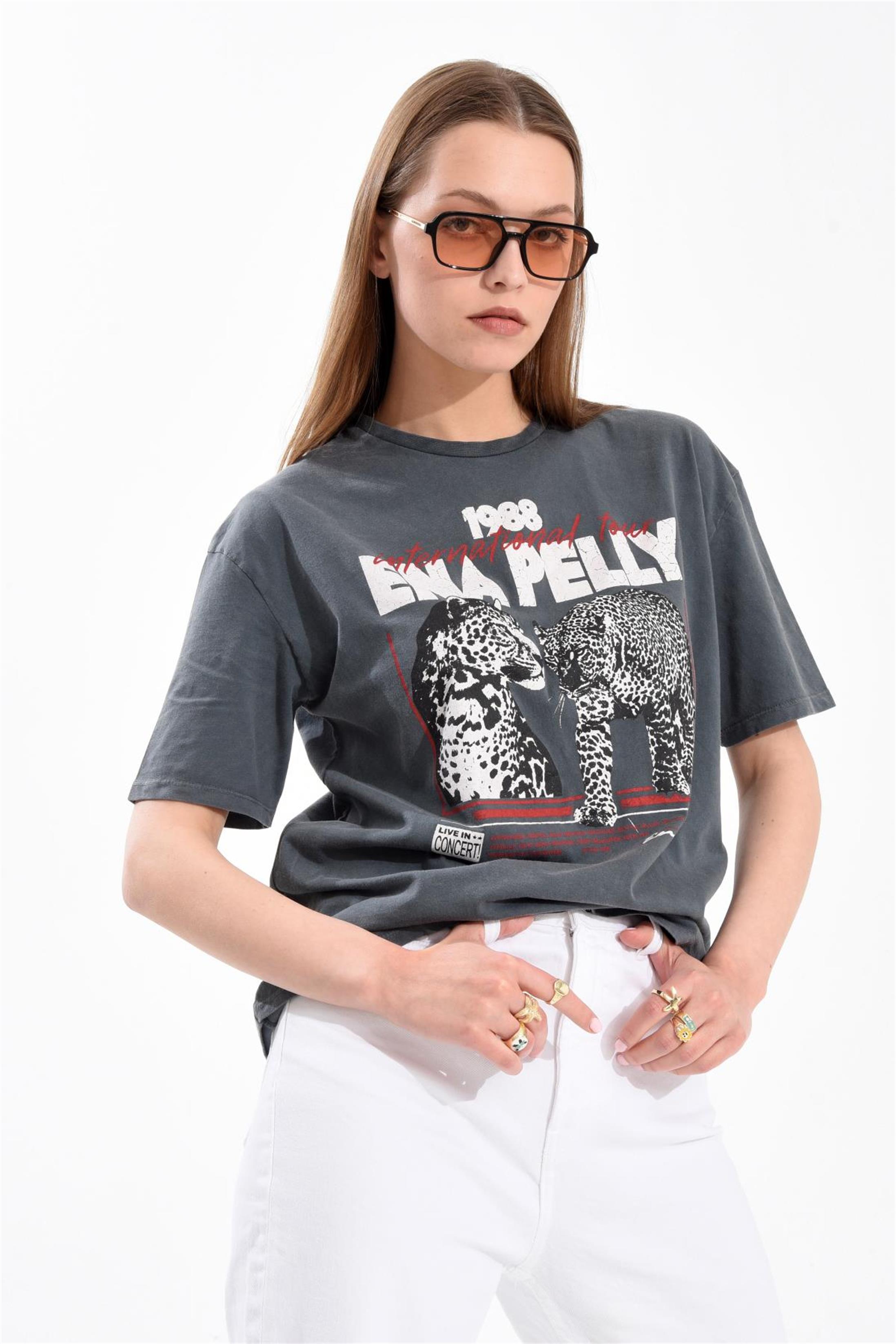 Ena Pelly Baskılı Antrasit T-Shirt
