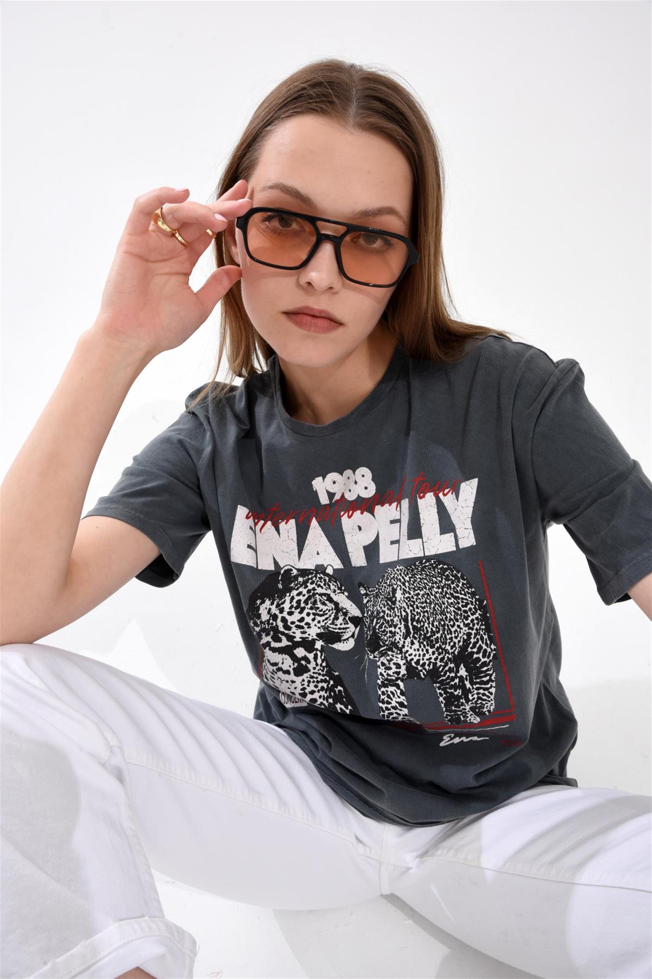 Ena Pelly Baskılı Antrasit T-Shirt