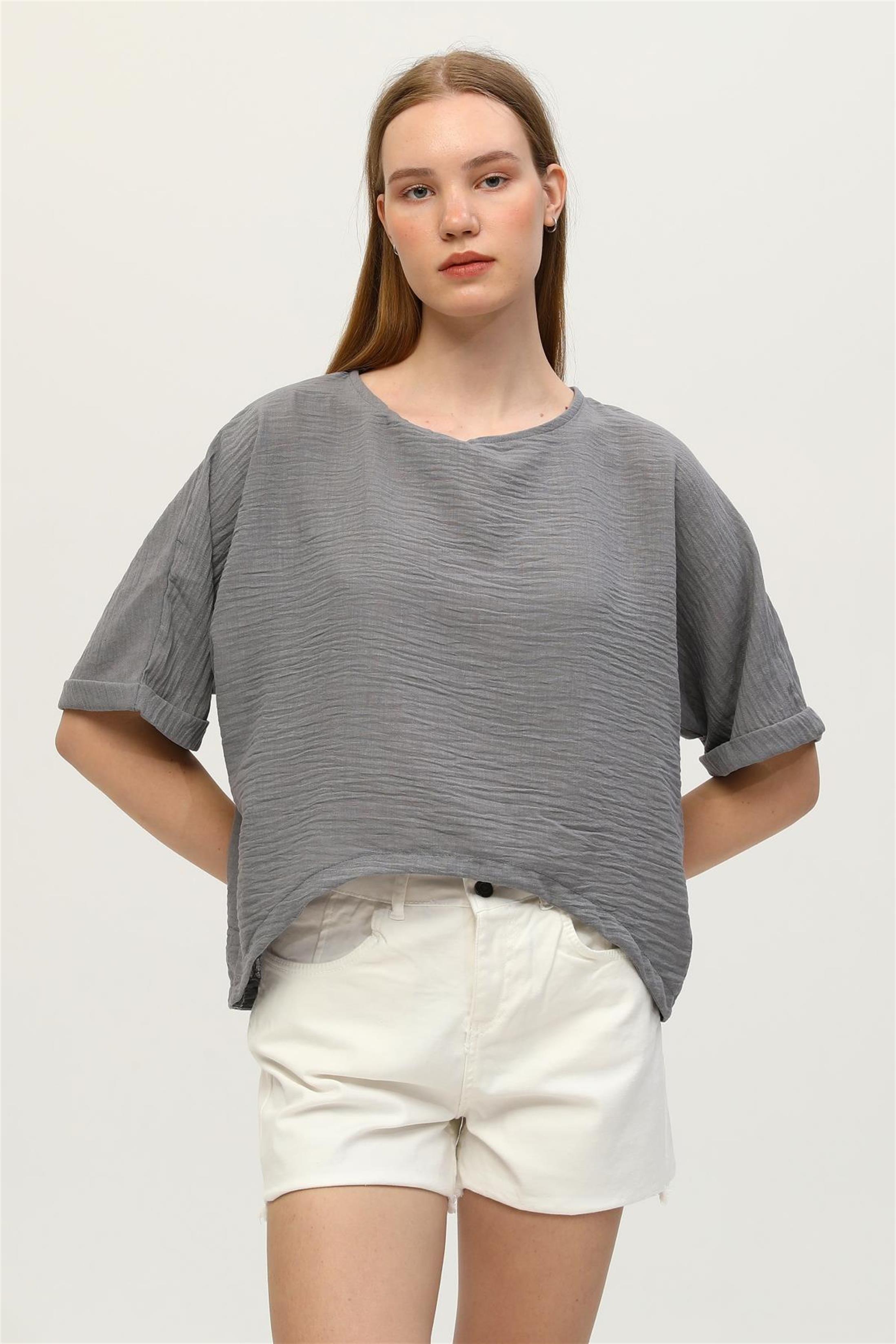 Kadın Önü Kısa Keten Salaş T-Shirt