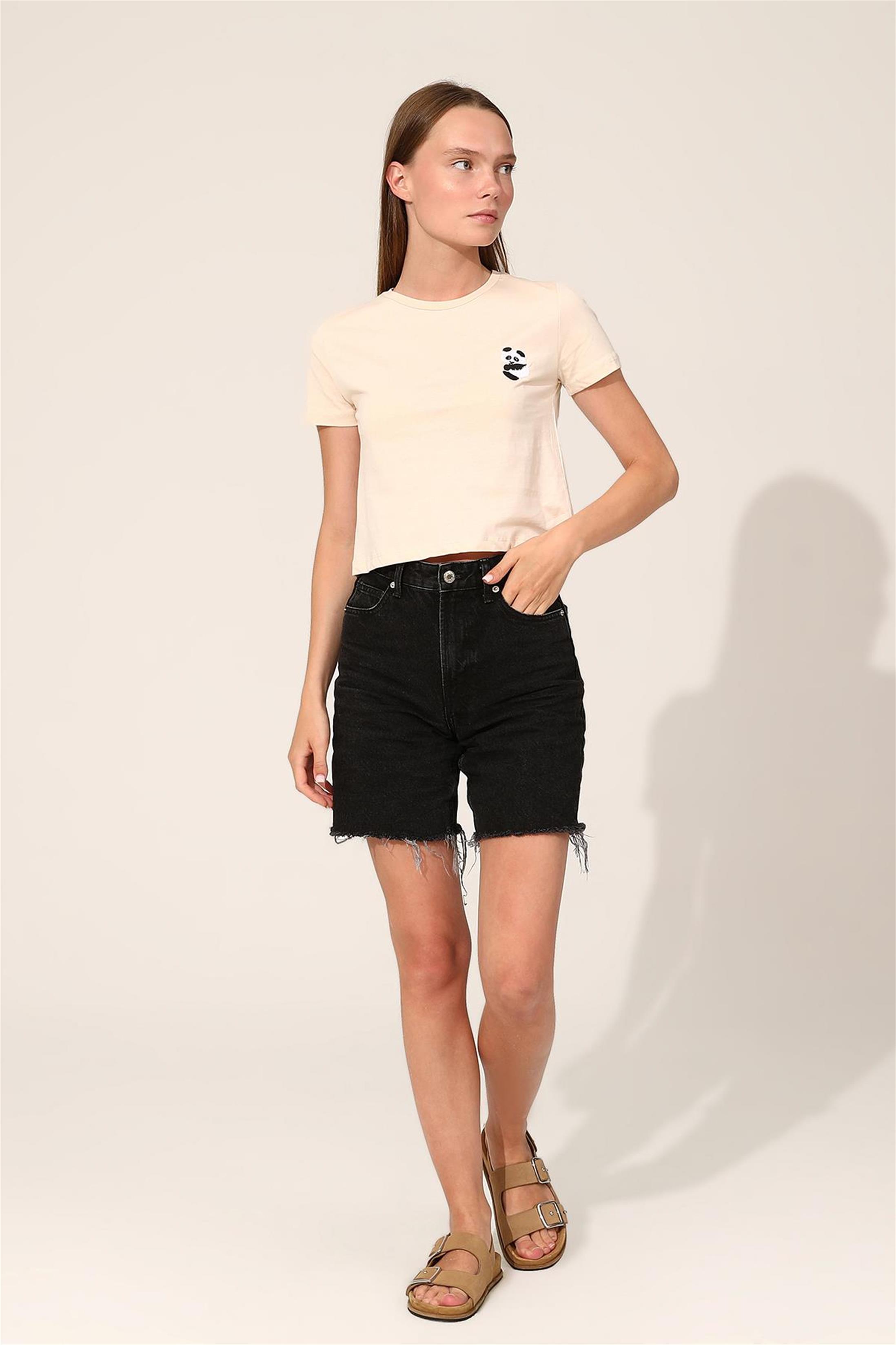 Kadın Panda Nakışlı Crop T-Shirt