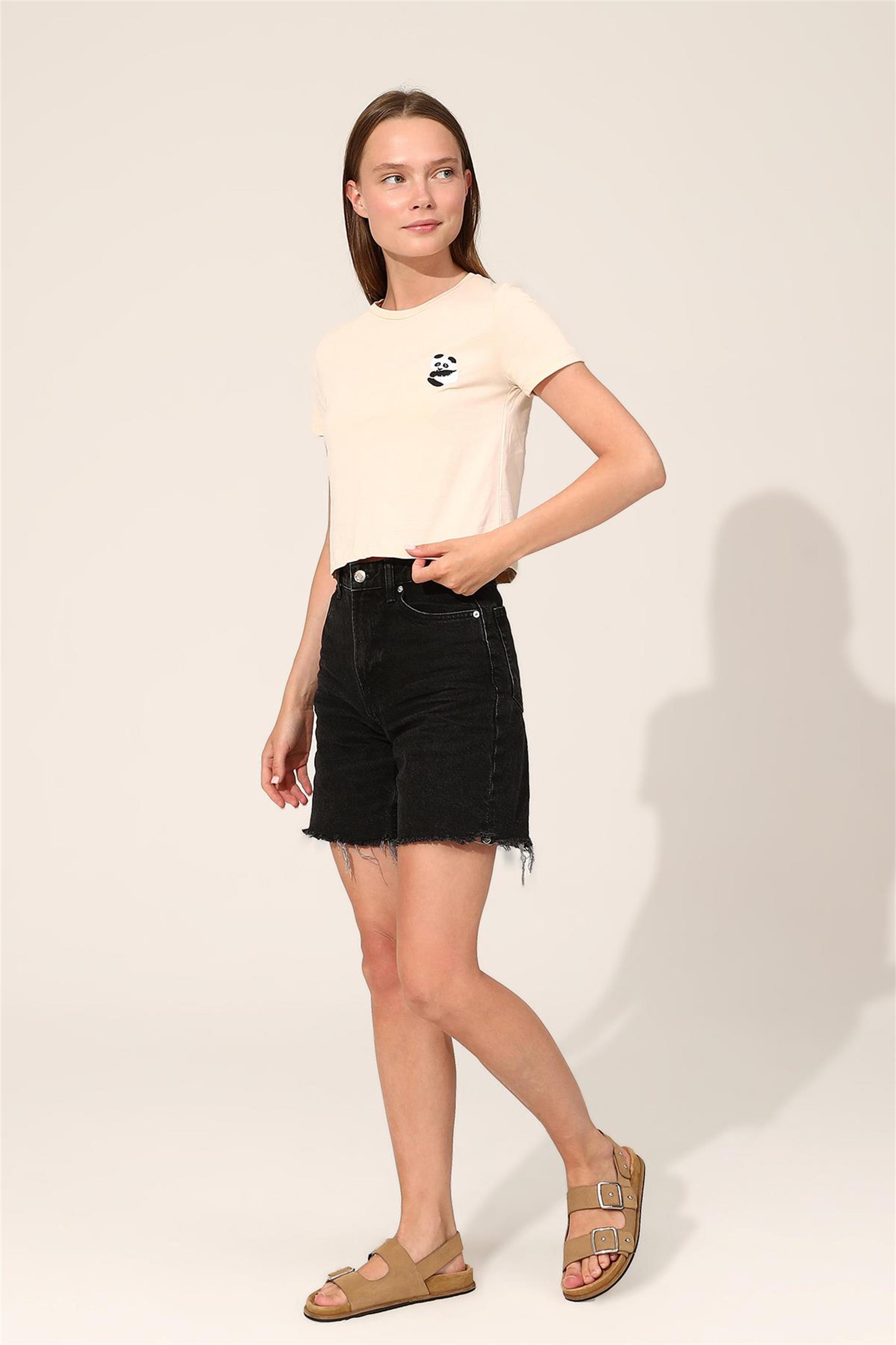 Kadın Panda Nakışlı Crop T-Shirt