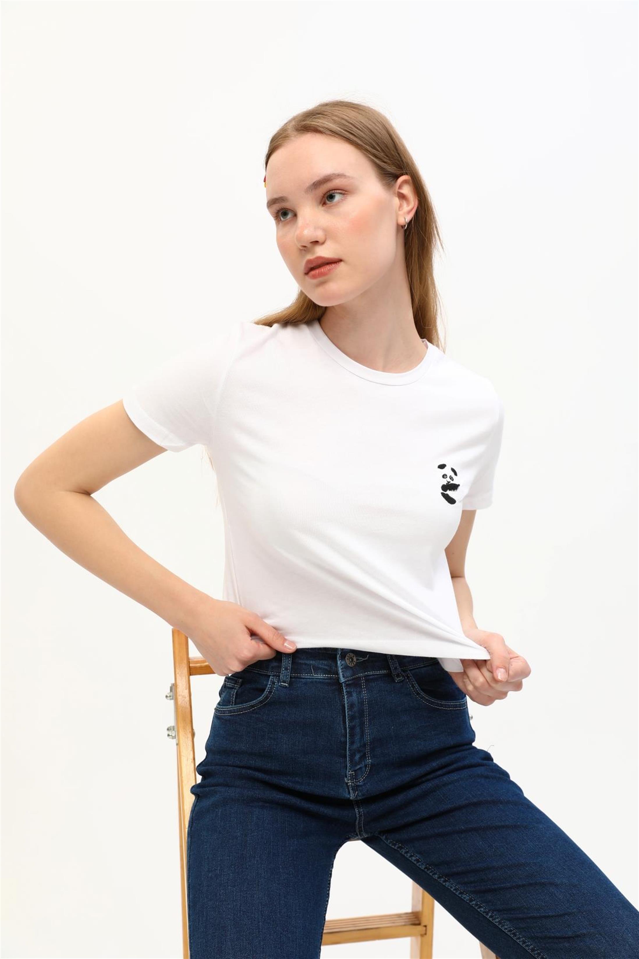 Kadın Panda Nakışlı Crop T-Shirt