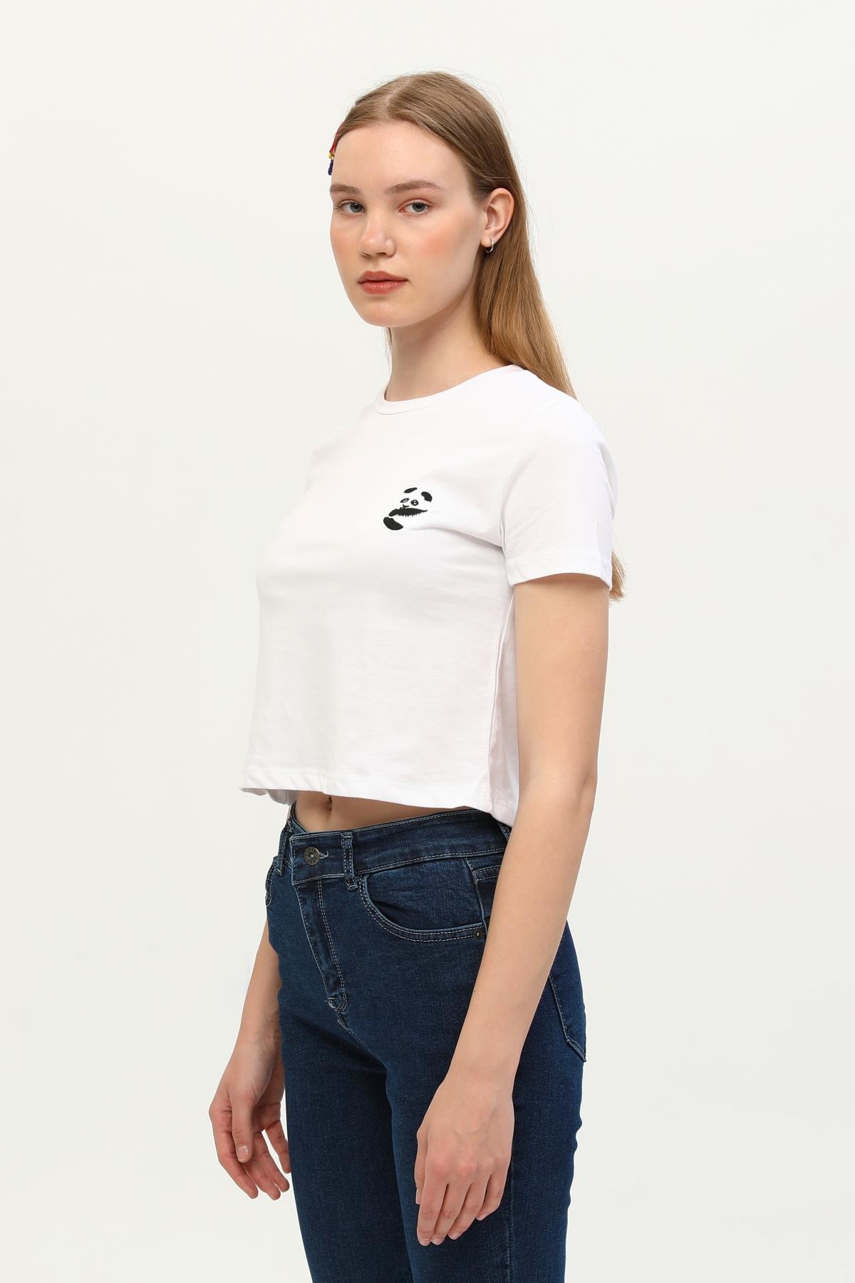 Kadın Panda Nakışlı Crop T-Shirt