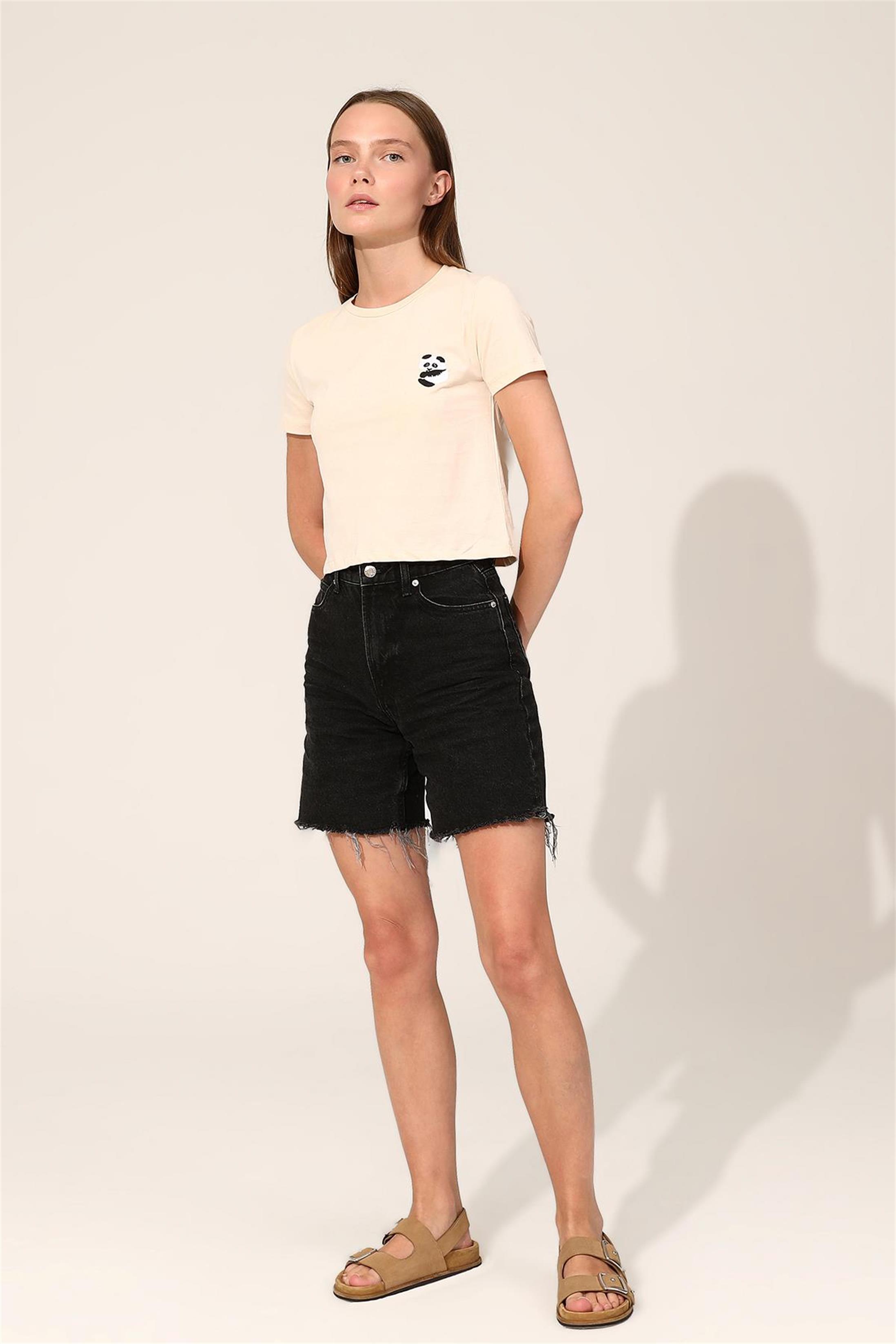 Kadın Panda Nakışlı Crop T-Shirt