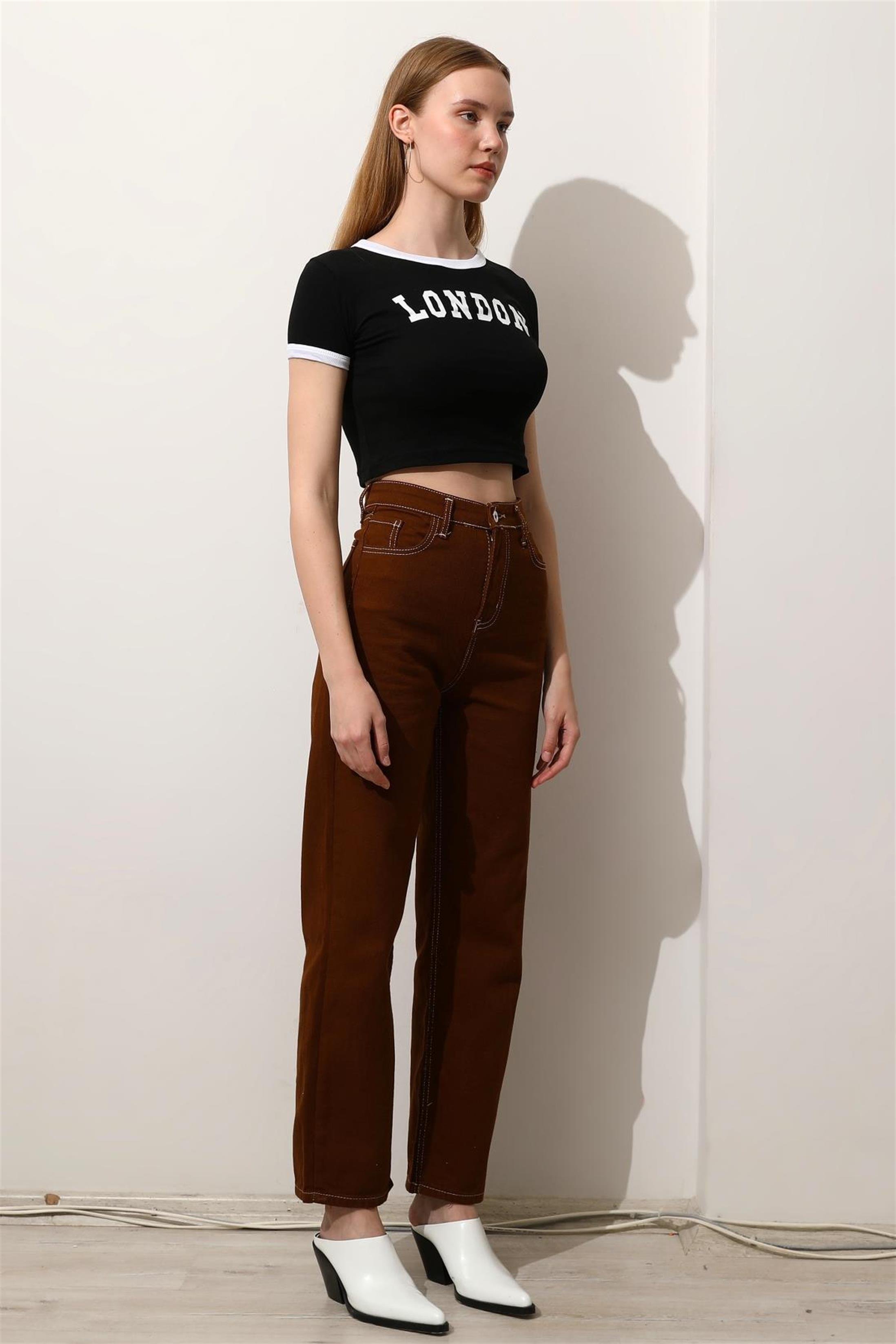 Kadın London Baskılı Crop T-Shirt