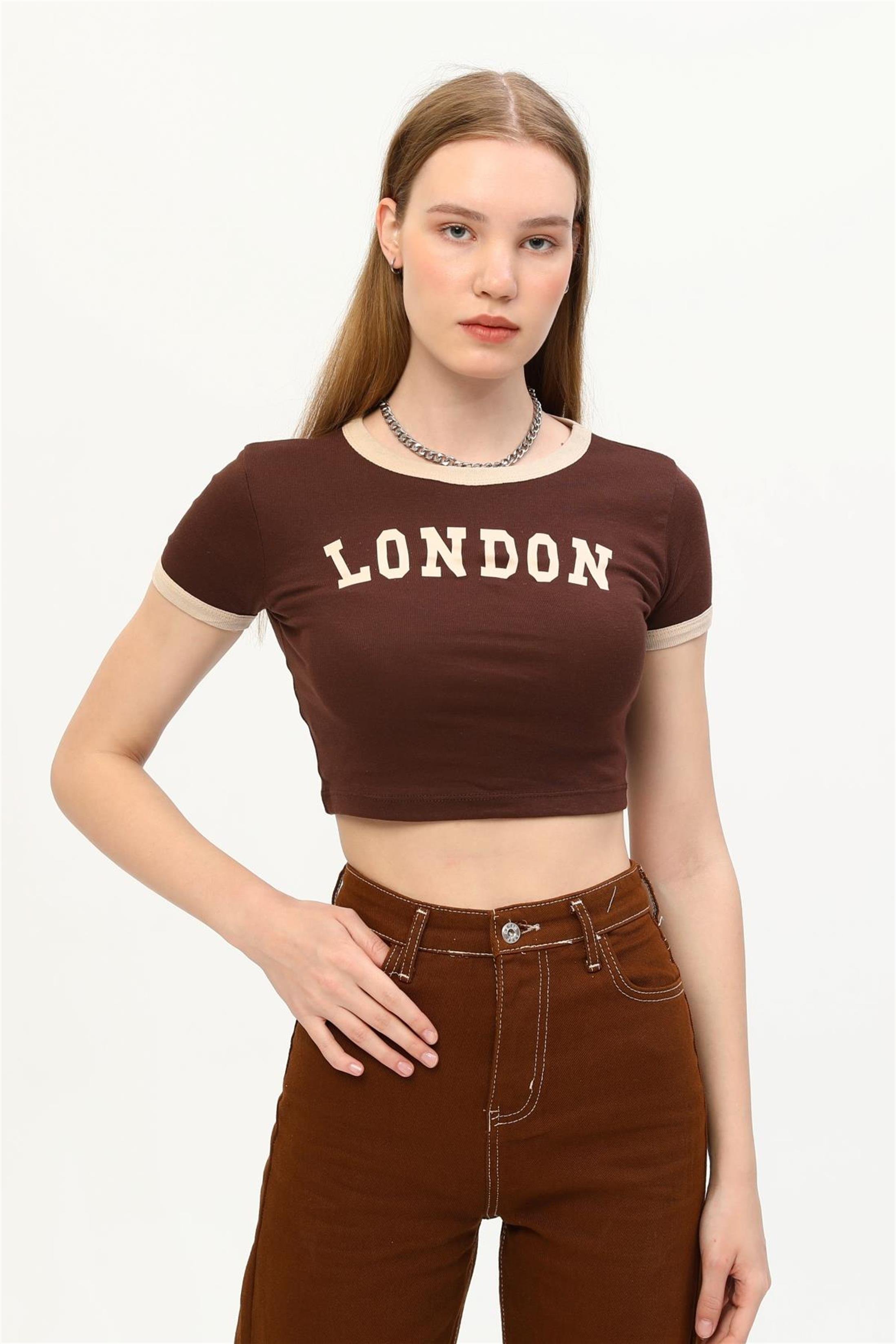 Kadın London Baskılı Crop T-Shirt
