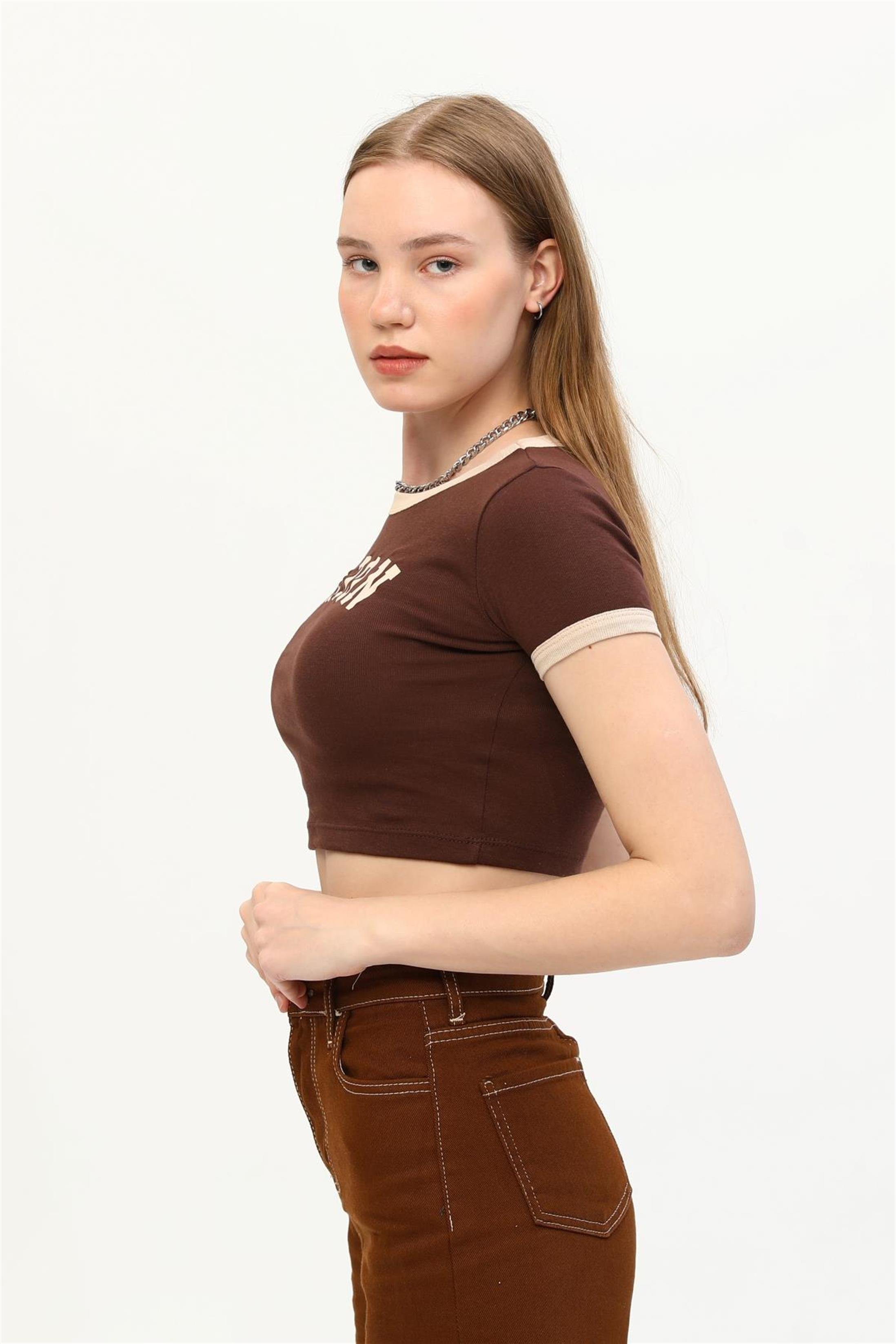 Kadın London Baskılı Crop T-Shirt