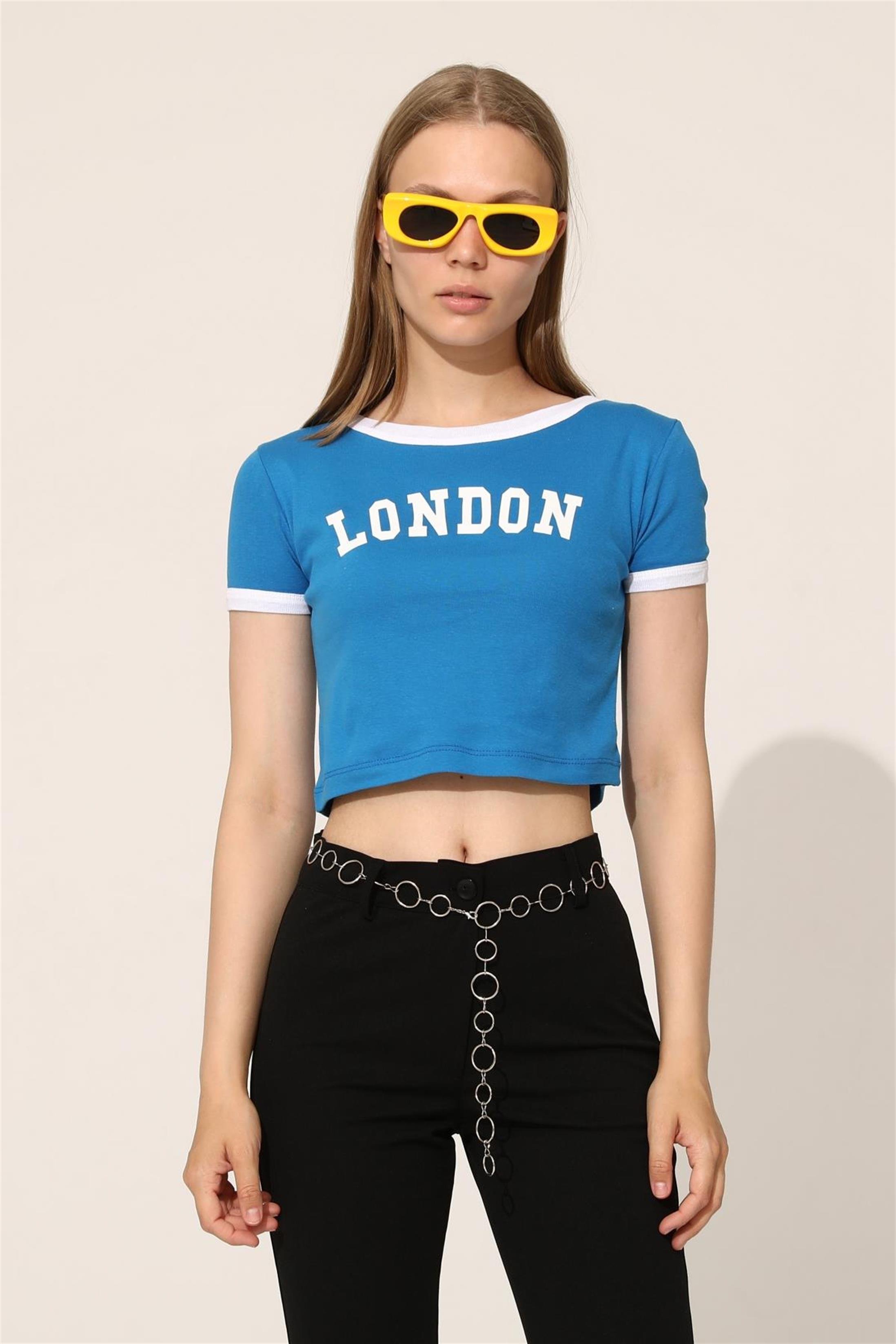 Kadın London Baskılı Crop T-Shirt
