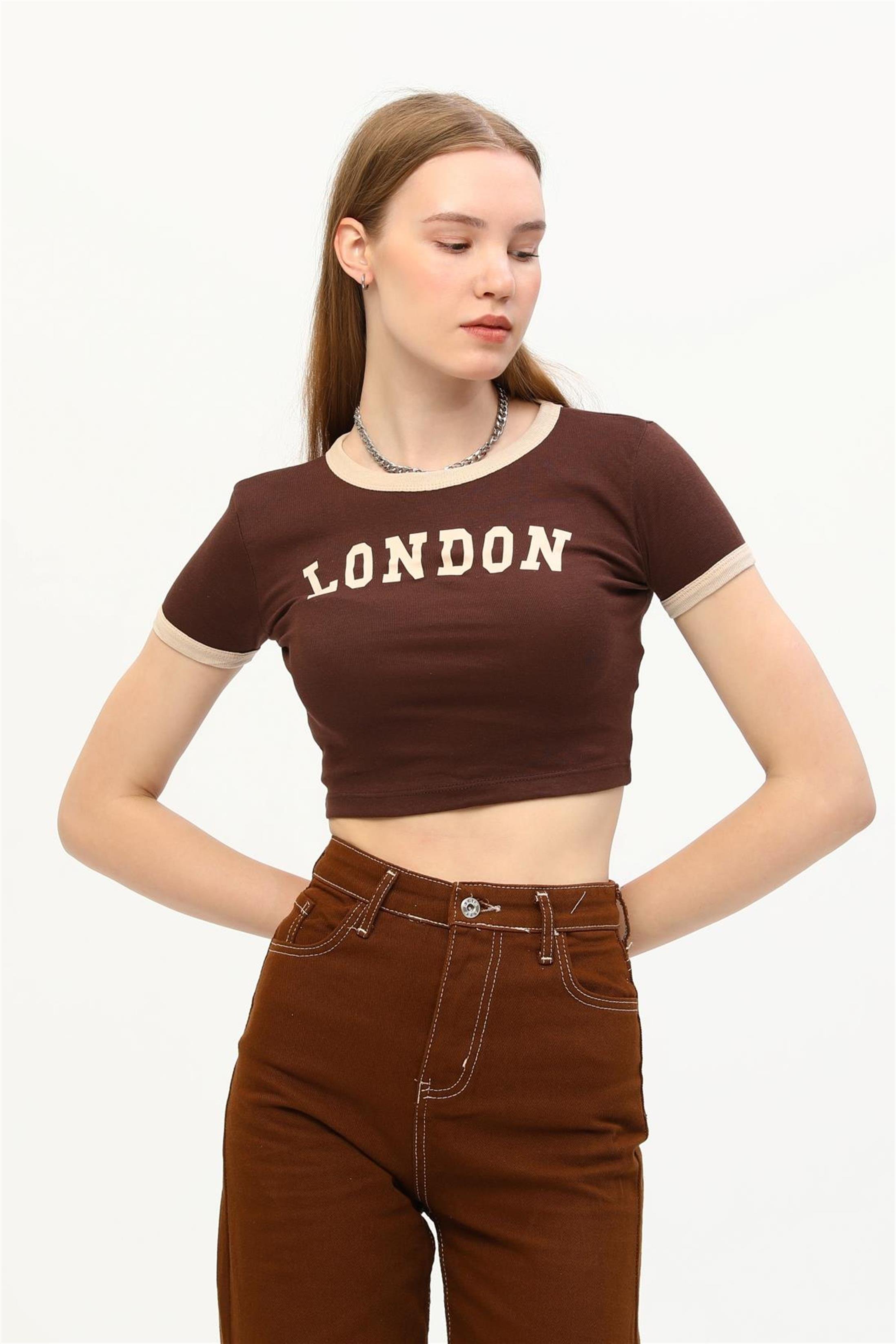 Kadın London Baskılı Crop T-Shirt